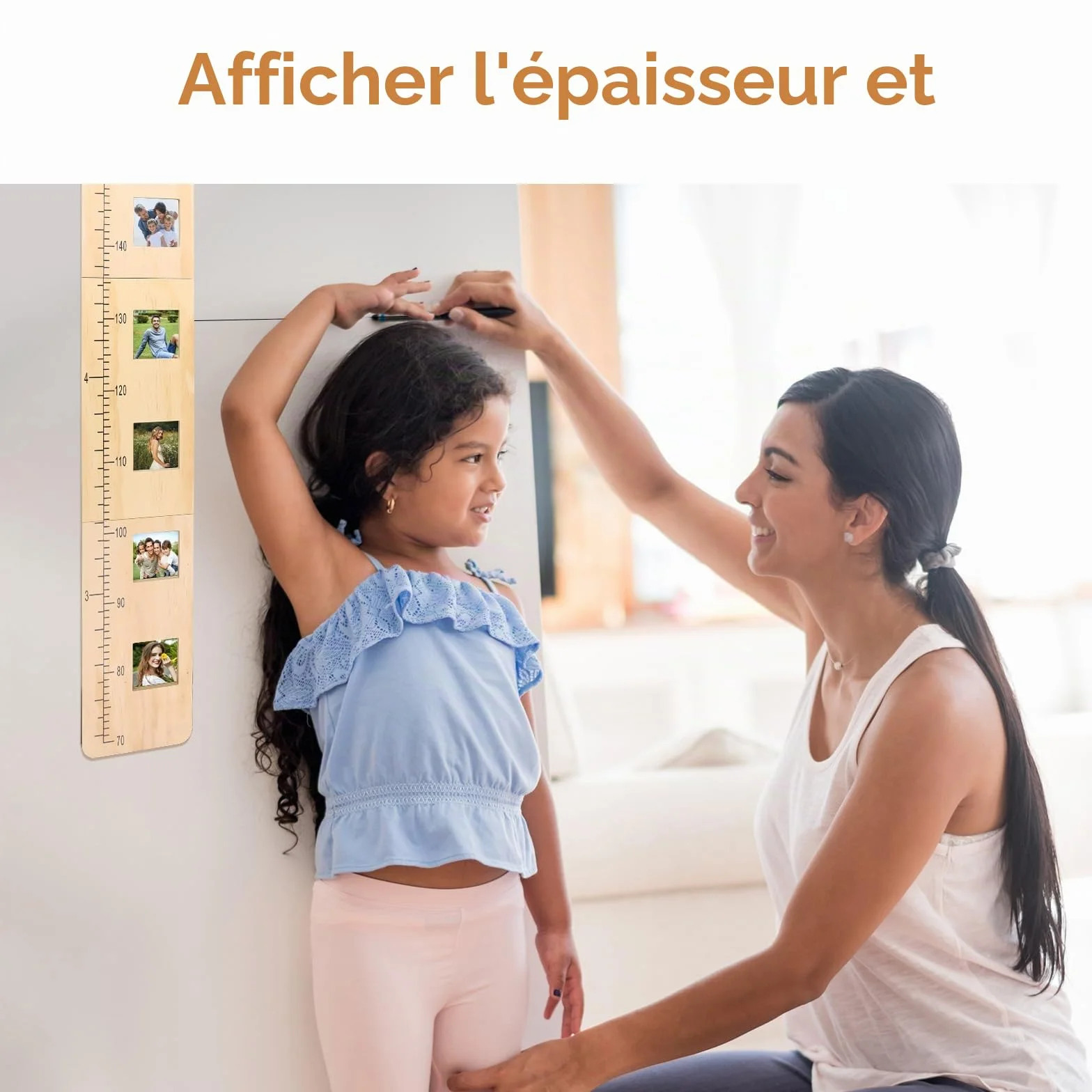 Toise Enfant Bois Massif Personnalisée 70-190 cm avec Cadre Photo Cadeau