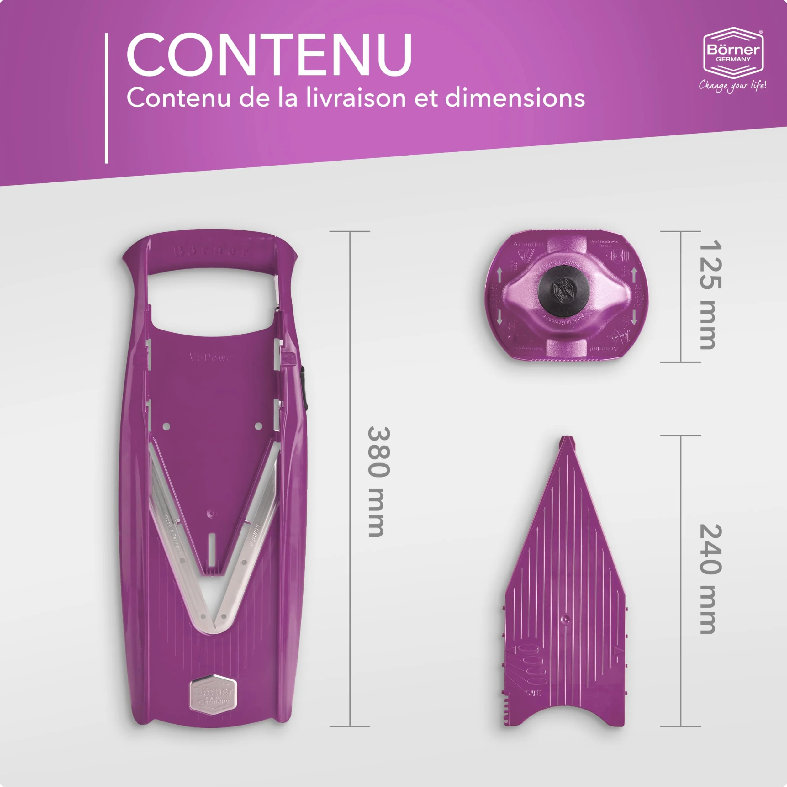 Börner V5 Coupe-Légumes Mandoline Trancheuse Lame Acier Inoxydable 4 Épaisseurs Violet