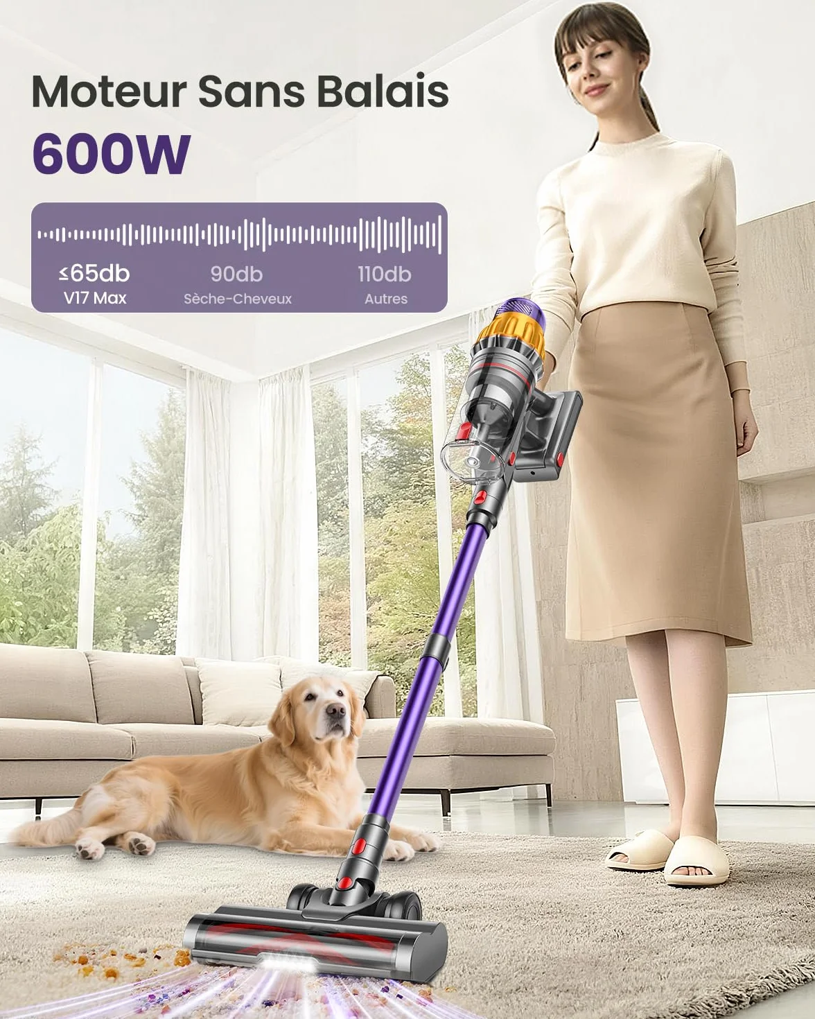 Aspirateur Balai Sans Fil 150Min 55KPA 600W 2 Batteries Brosse Anti-Enchevêtrement Support Mural Rechargeable Écran LED pour Poils d'Animaux Tapis Sols Durs