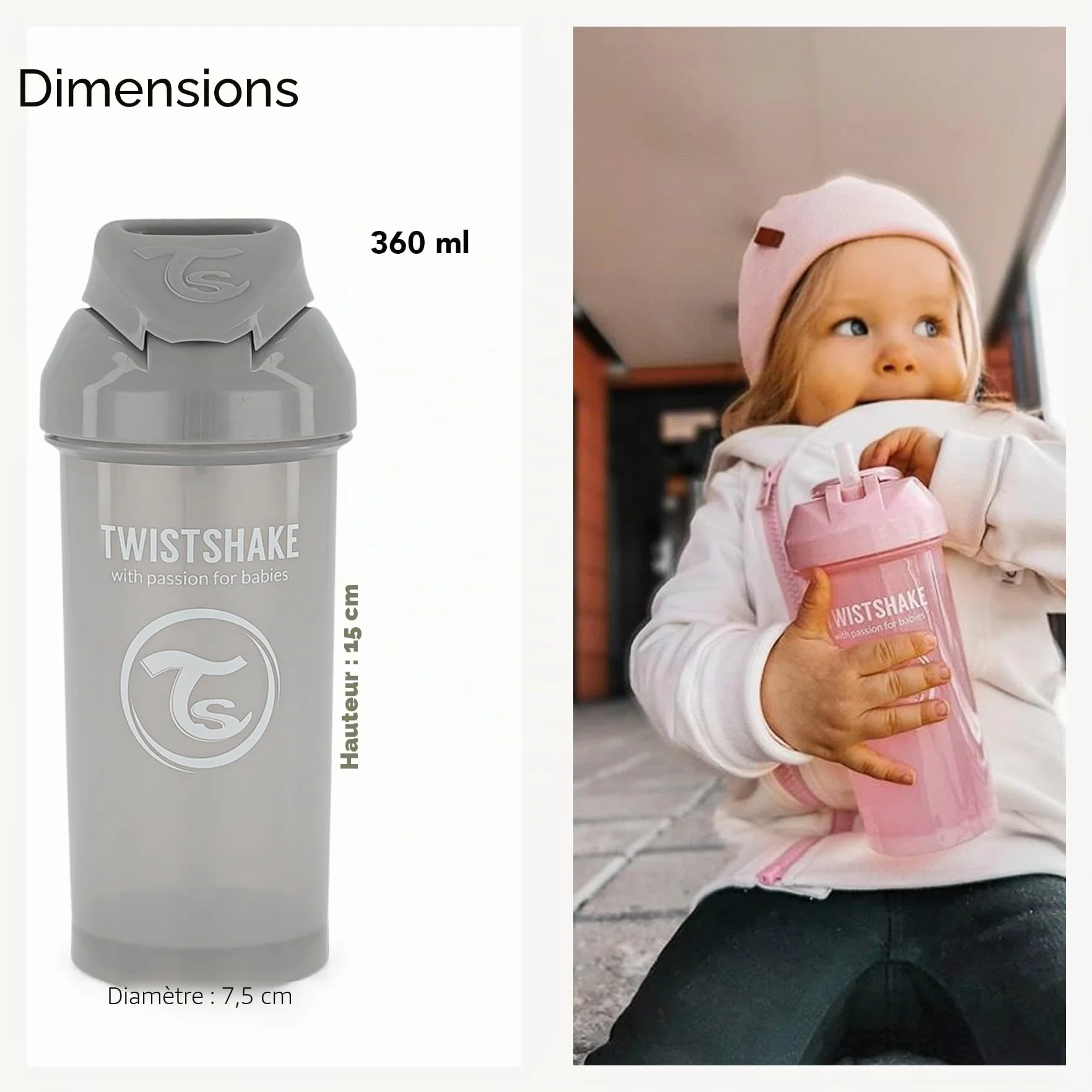 Twistshake Tasse de Paille 360 ml – Gobelet Bébé Anti-Fuite – Bouteille d’Eau Anti-Déversement – Rose