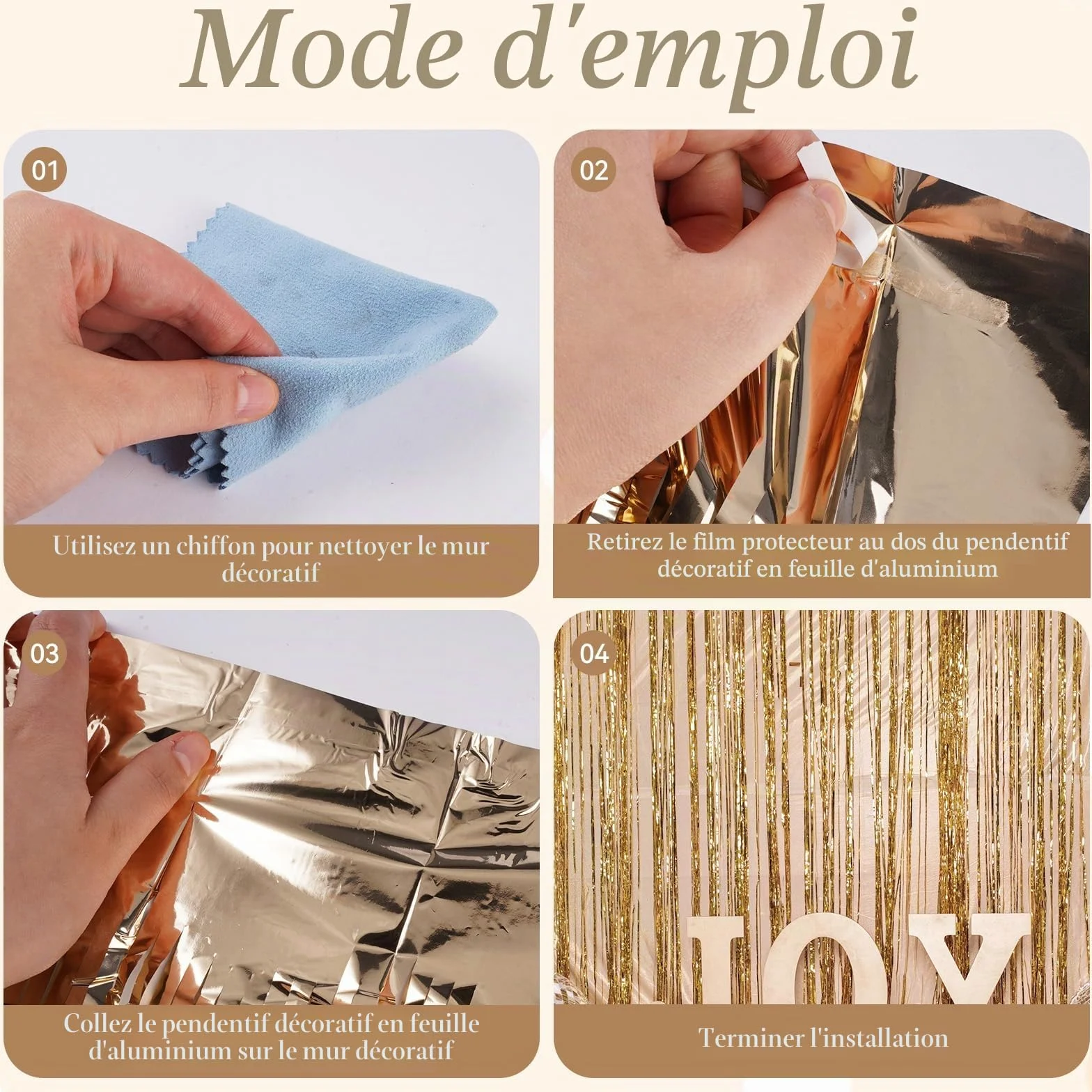 Rideau Anniversaire Or Champagne 5 Pièces 1m x 2m, Rideau Métallique Frange Paillettes Scintillants pour Décoration Fête Mariage Noël