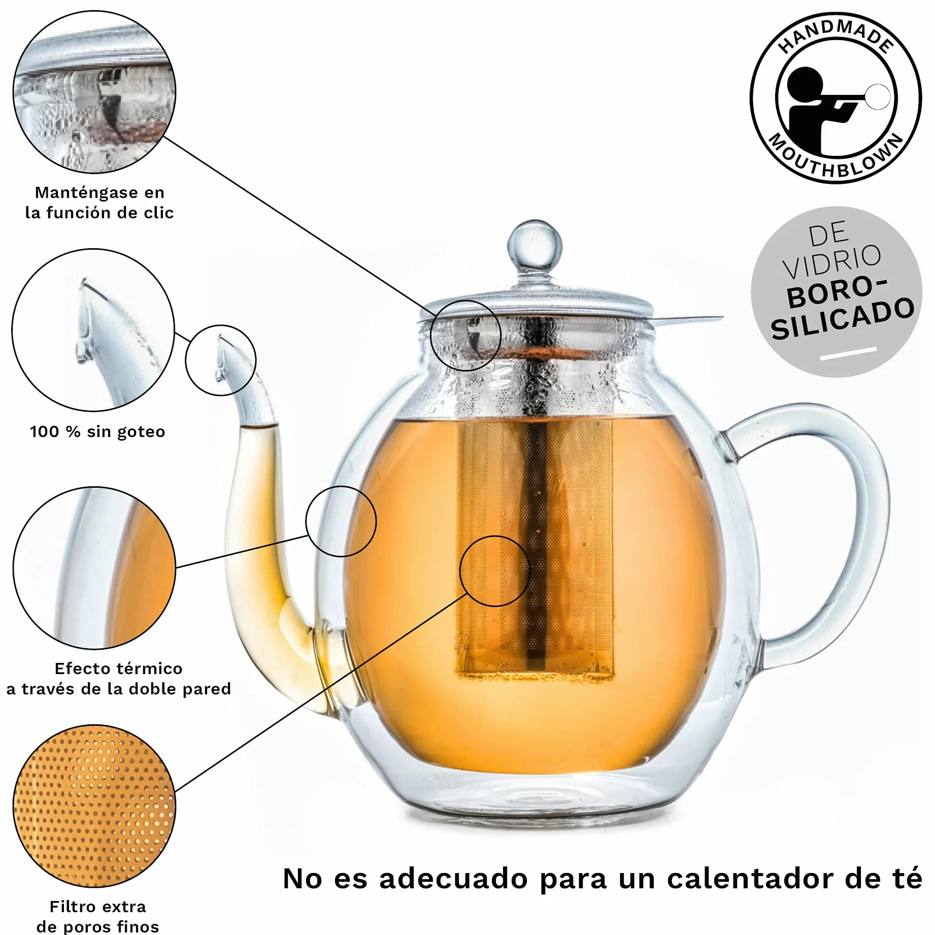 Creano Théière en verre à double paroi 1,4 l avec filtre en acier inoxydable – Théière isotherme anti-goutte pour thé en vrac et fleurs de thé