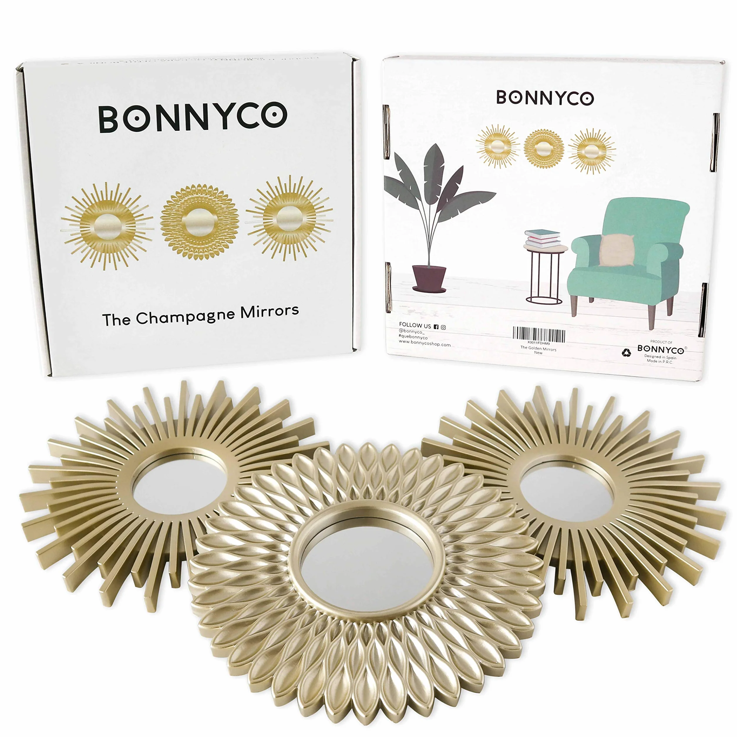 BONNYCO Miroir Murale 3 Pièces Miroir Rond Soleil Décoration Murale Salon Chambre Doré