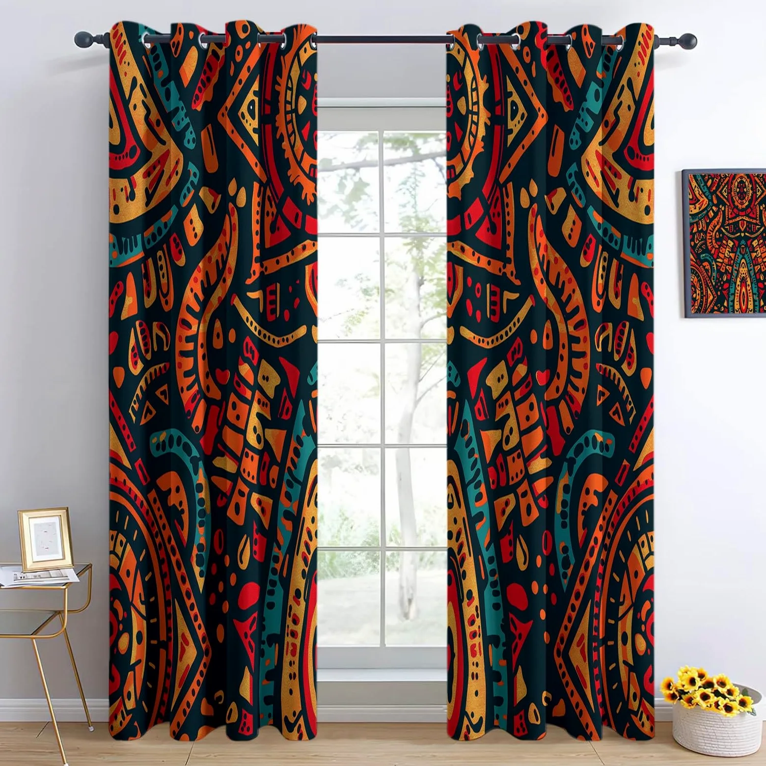 Lot De 2 Rideau Occultant Style Ethnique Graffiti Art Africain, Rideaux Opaques Isolants Thermiques À Oeillets, Draperies Intérieurs Salon pour Chambre Enfant, L140 x H160 cm
