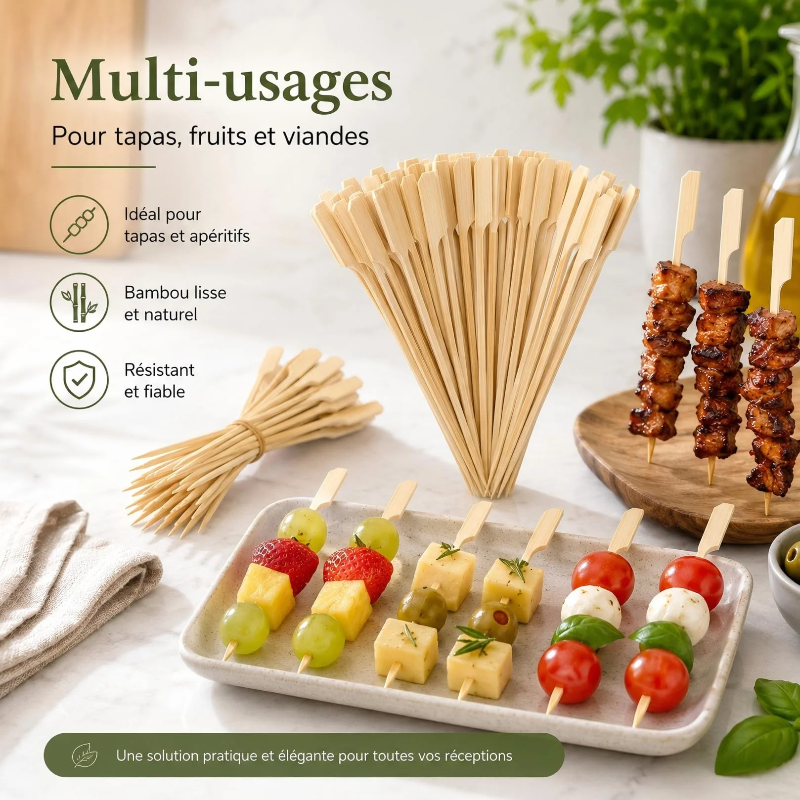 Pics Brochette en Bambou 15 cm Lot de 100 Bâtonnets Naturels Barbecue Cocktail