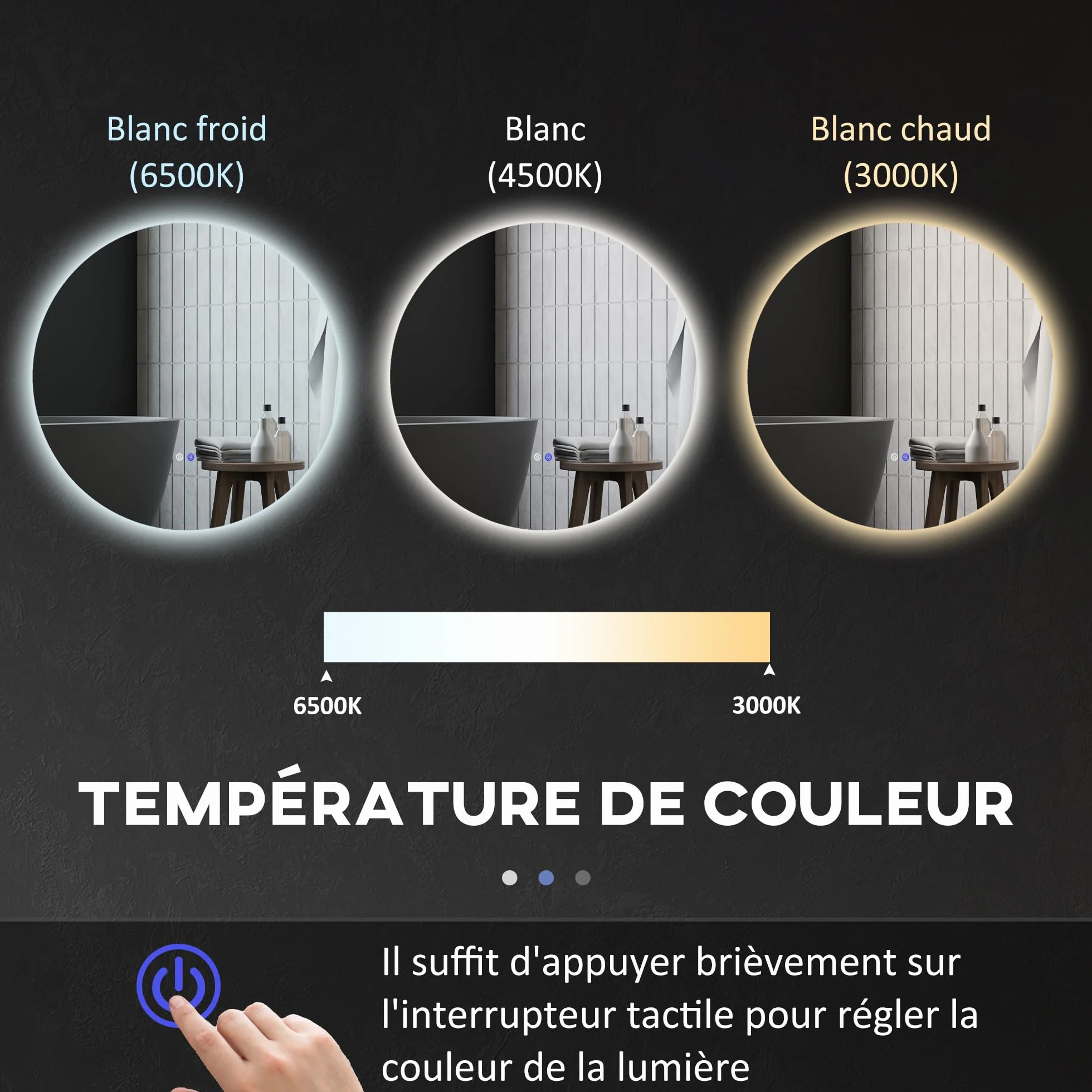 Kleankin Miroir Rond Lumineux LED Mural Salle de Bain 80 cm Interrupteur Tactile Antibuée Luminosité Réglable 20,5W+26W Blanc Argent