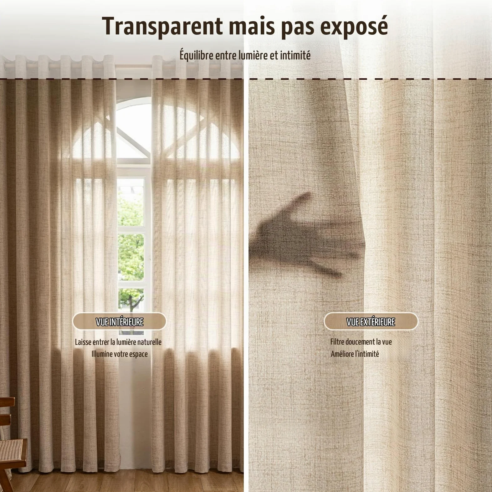 Rideau Voilage Translucide Lin à Œillets Lot 2 140x245 cm Lin Naturel | 230 GSM Tissu Épais | Aspect Lin Naturel | Filtre la Lumière du Jour & Préserve l’Intimité