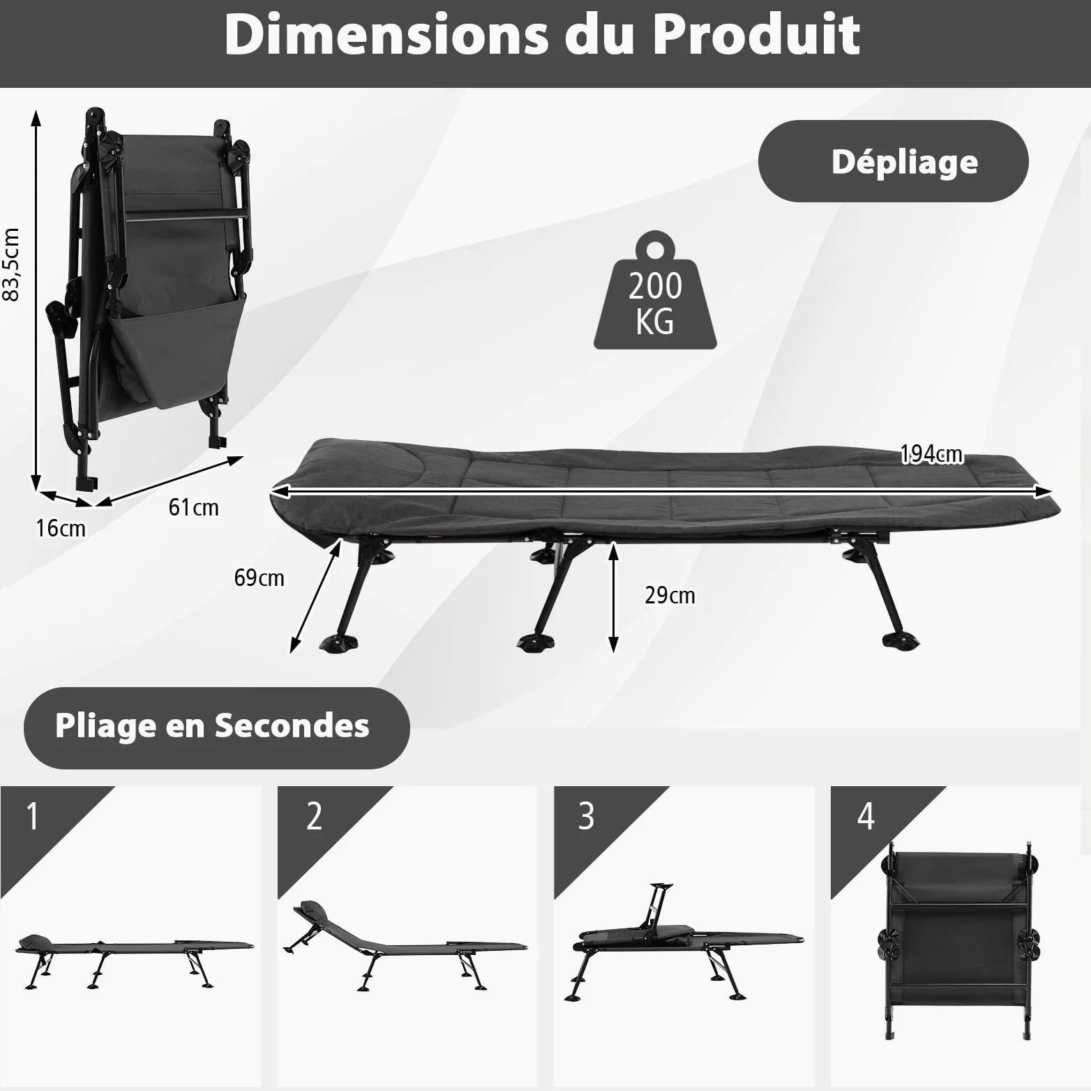 COSTWAY Lit de Camp Pliable 1 Personne, Lit Camping Pliant Portable Léger à Dossier Réglable 6 Positions, Lit de Camp Extérieur Intérieur Inclinable pour Bureau Maison Voyage, Charge 200 KG, Gris