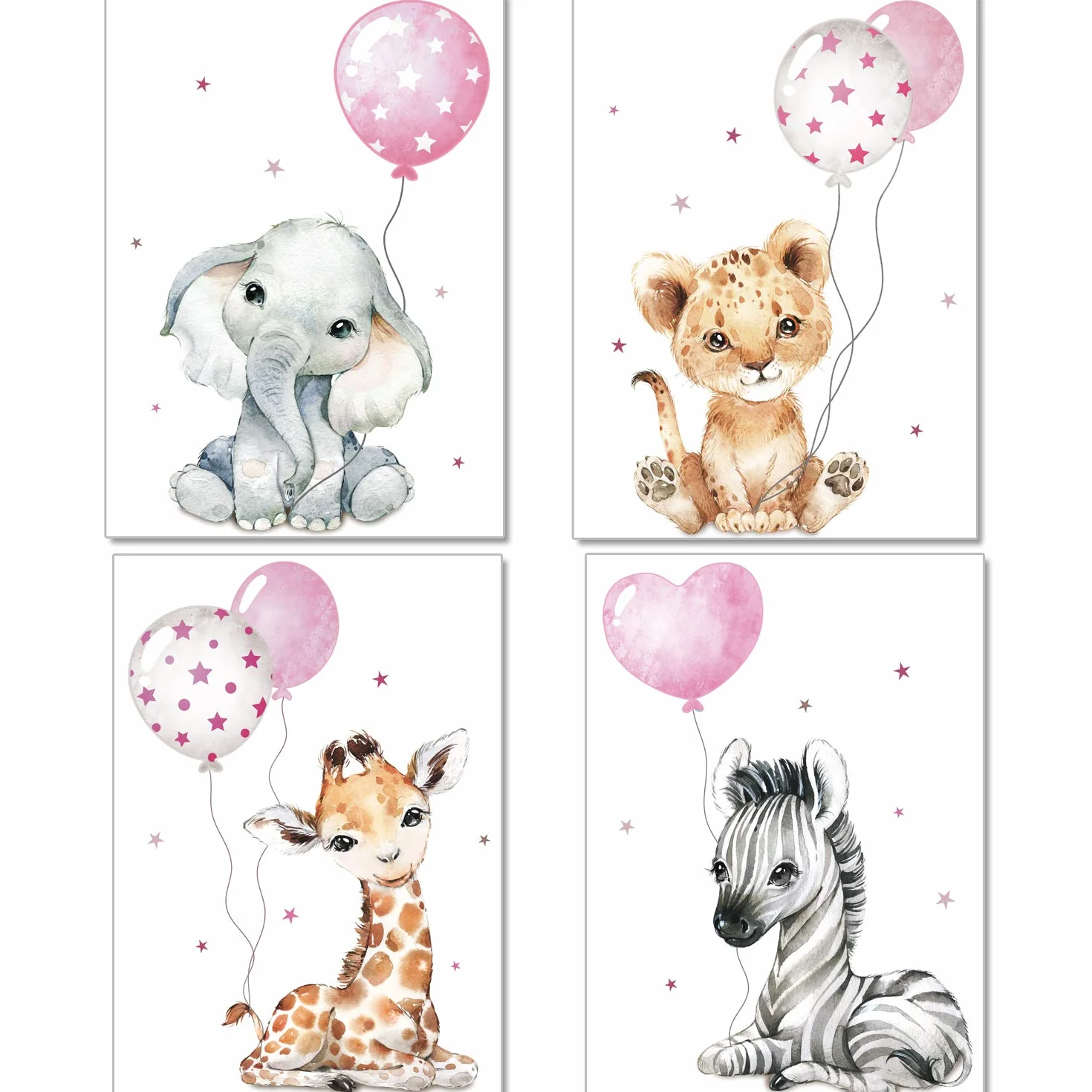 Artpin P64 Posters décoratifs chambre enfant fille - Motif Animaux jungle + Ballon gonflable - Gris/Rose