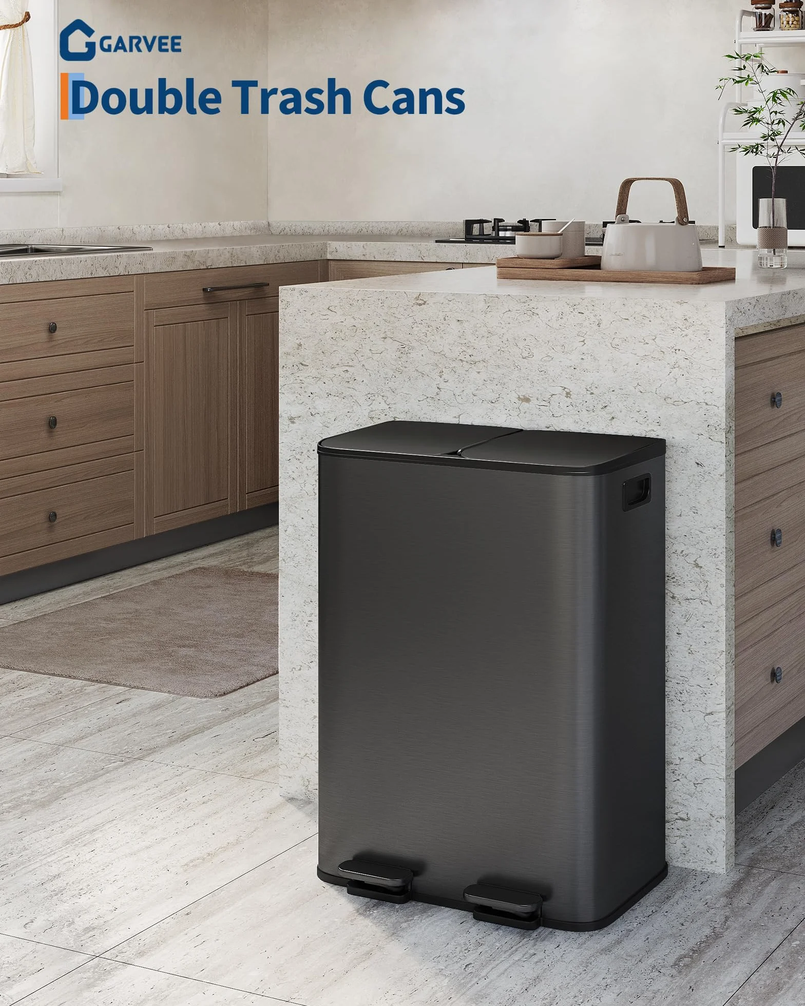 Poubelle cuisine métal 2 compartiments 30 L avec pédales indépendantes couvercle fermeture douce recyclage déchets organiques seaux amovibles Noir mat