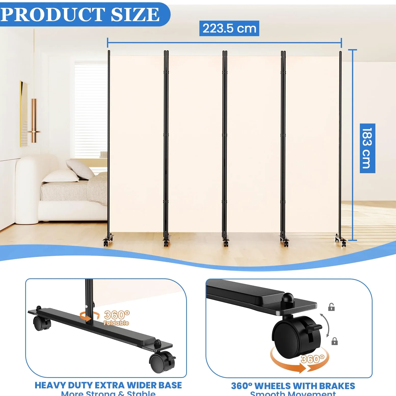 WELDUN Paravent de pièce à roulettes - 4 pièces - 223,5 x 183 cm - Brise-Vue Pliable - Cloison de séparation Amovible - Blanc