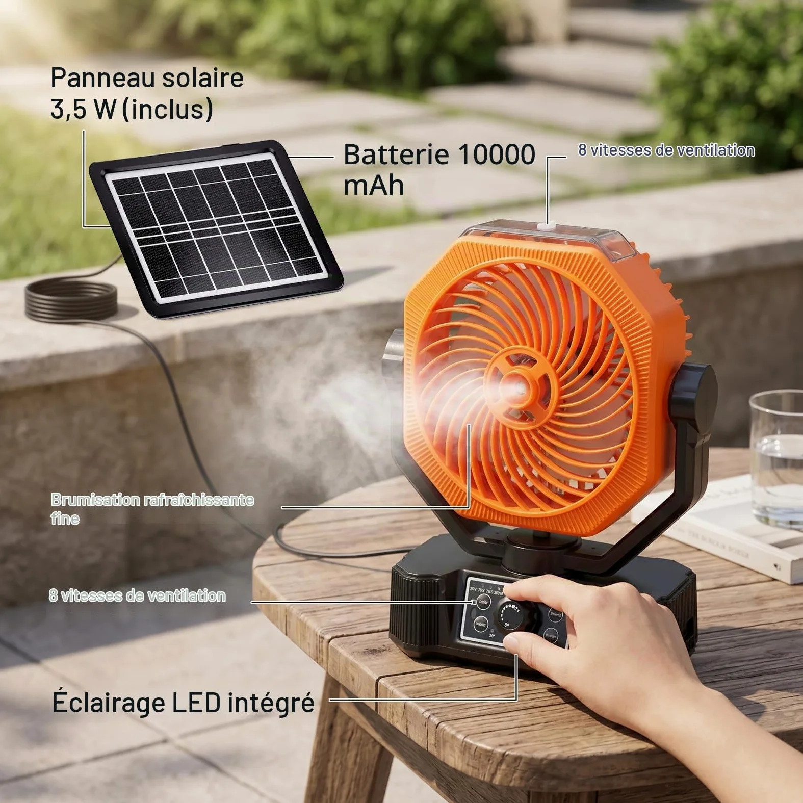 Ausla Ventilateur Brumisateur Solaire, Ventilateur de Refroidissement Portable Rechargeable à 8 Vitesses avec Lumière LED, Réservoir D’eau de 180 Ml, Batterie de 10 000 MAh, pour
