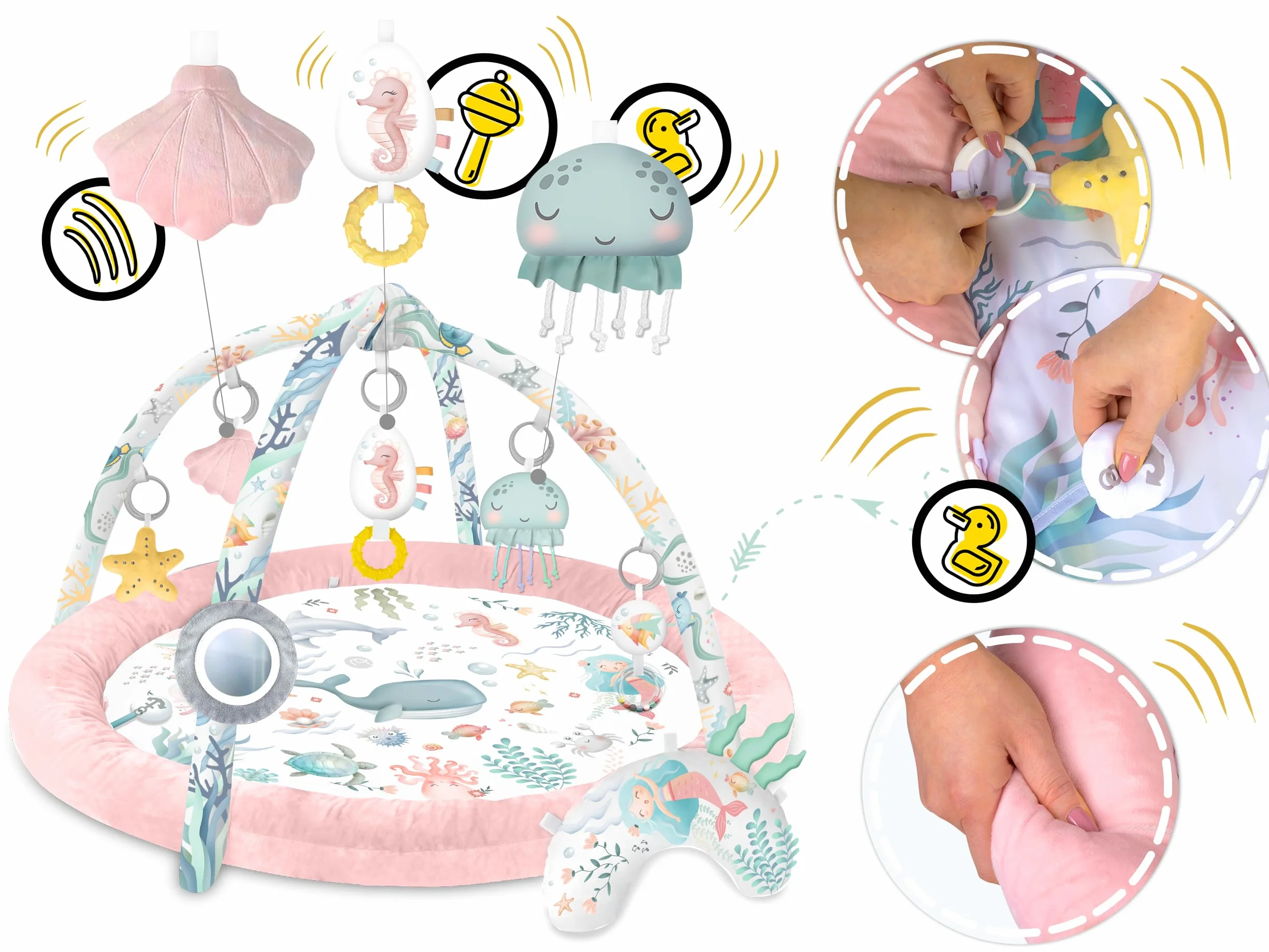 Nukido Tapis d'Éveil Bébé avec Arches Amovibles et 7 Jouets - Rose Océan