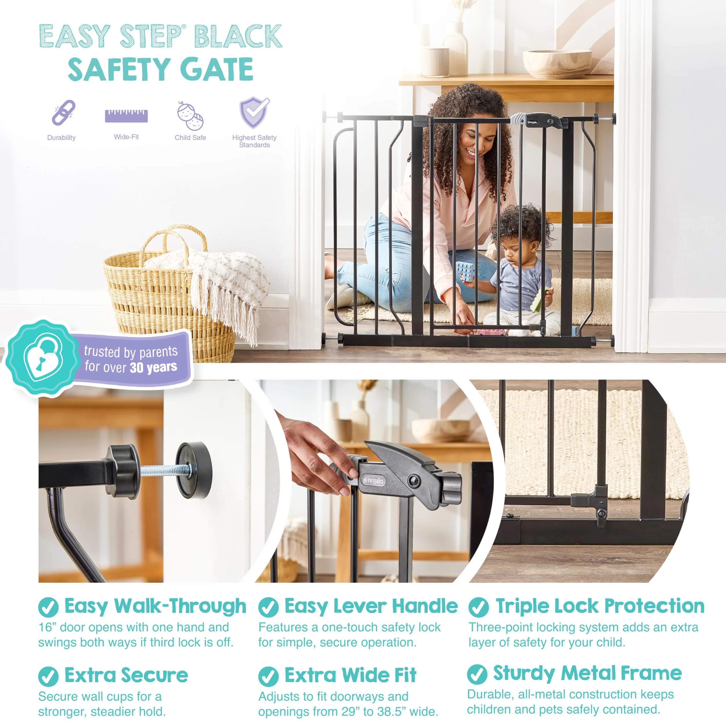Regalo Safety Easy Step Baby Gate for Doorways & Stairs, Fits 73.6-95.5cm, Pressure Mounted, Black