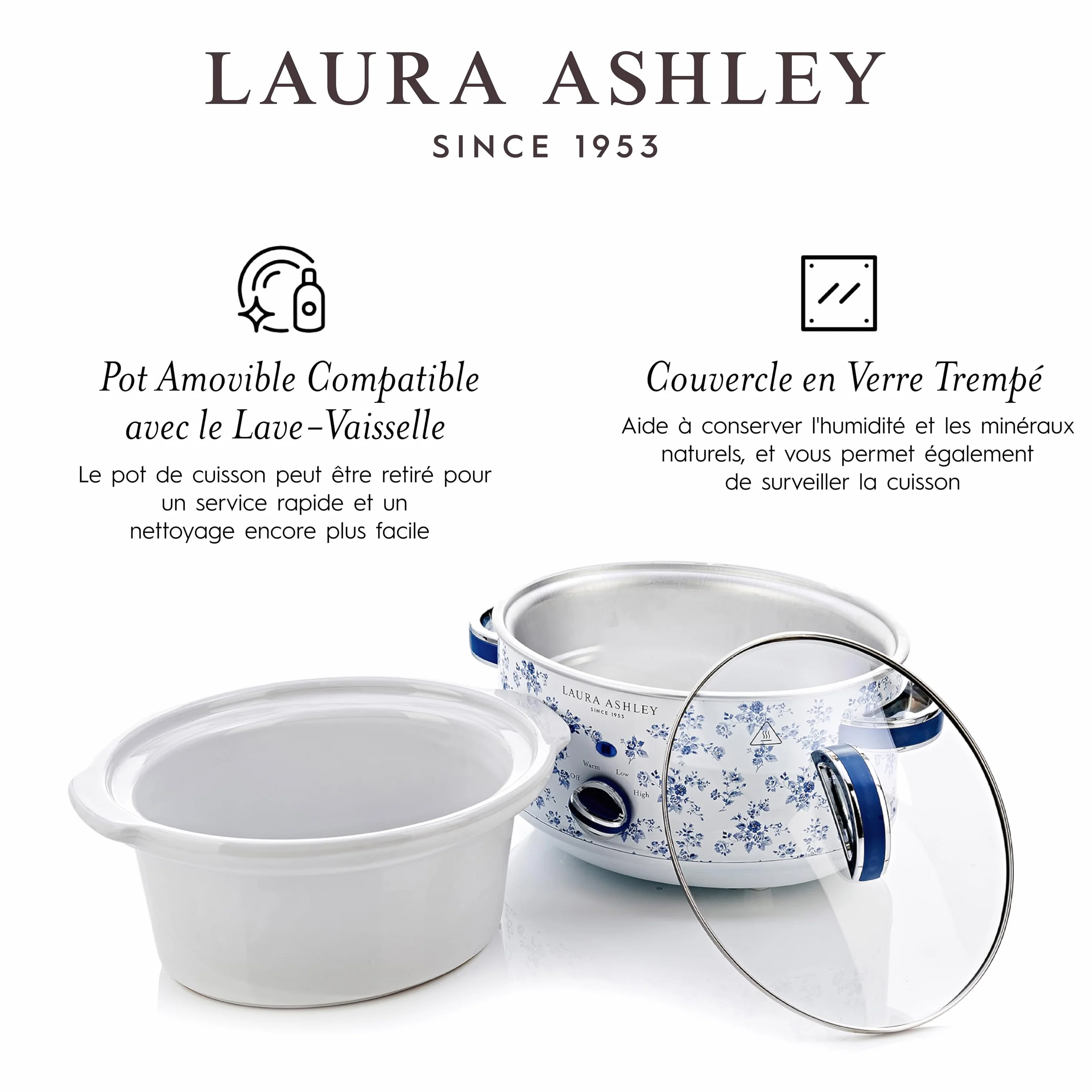 Laura Ashley Mijoteuse Electrique 6,5 Litres Imprimé China Rose VQ Slow Cooker 8-10 Personnes 3 Réglages Température Couvercle Verre Trempé