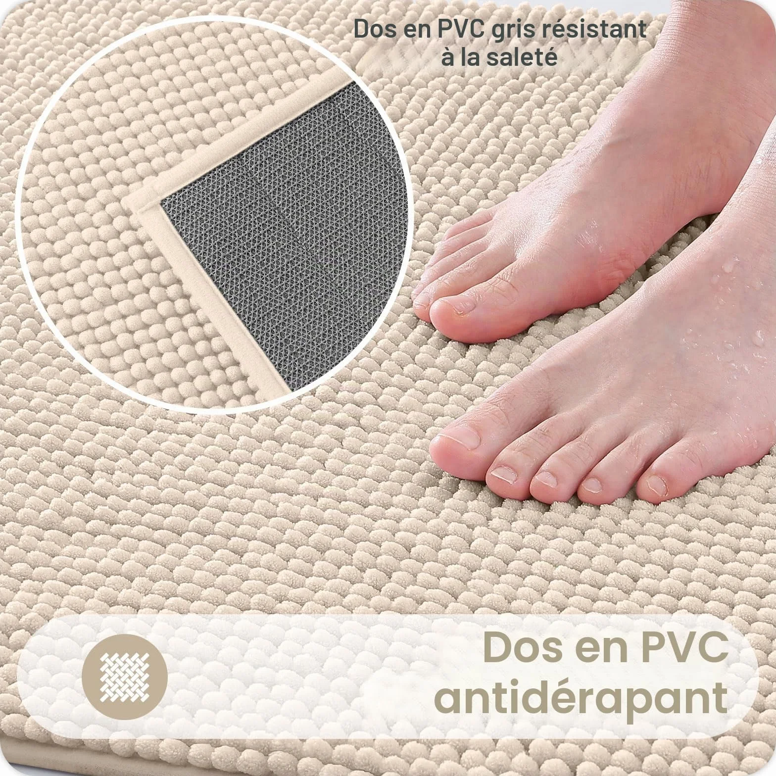 Tapis de bain en chenille antidérapant 40 x 60 cm beige