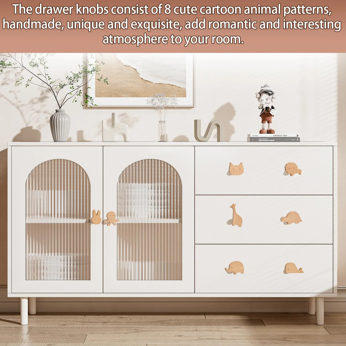 Boutons en bois pour armoire, Lot de 8 Poignées de Meuble en Bois Animals, Poignées animales pour meubles d'enfant