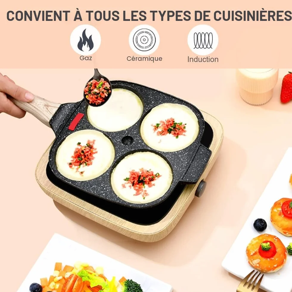Poêle à 4 Emplacements Antiadhésive en Aluminium pour Petit-déjeuner, Gaz et Induction (Noir)
