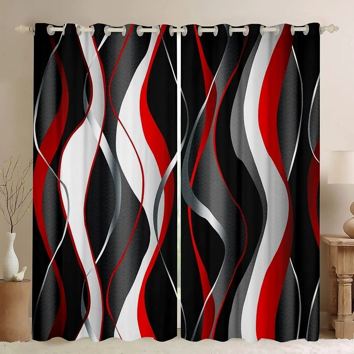 Rouge Gris Noir Rideaux Occultants Rideau Thermique Lot de 2 Rideaux à Oeillets Spirale GéOméTrique Anti UV pour Chambre Maison Salon L140xH200 cm