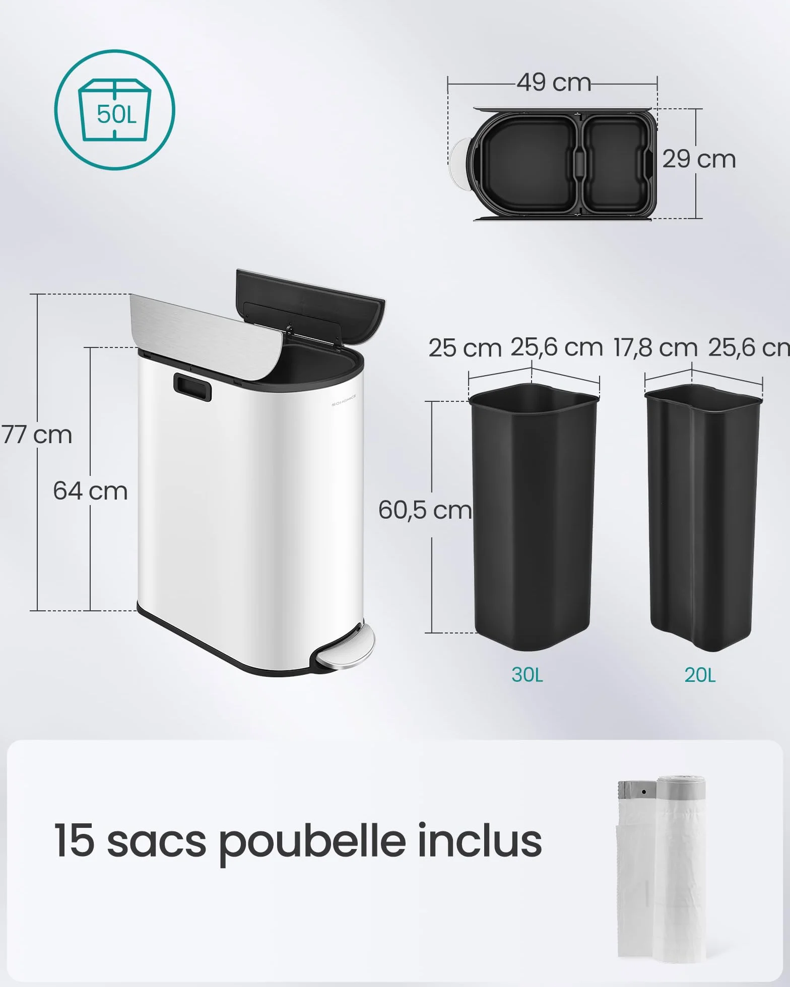 SONGMICS Poubelle Double 30L 20L 2 Compartiments Tri Recyclage Déchets Pédale Couvercles Ailes Blanc Nuage Argent Métallique LTB570W02
