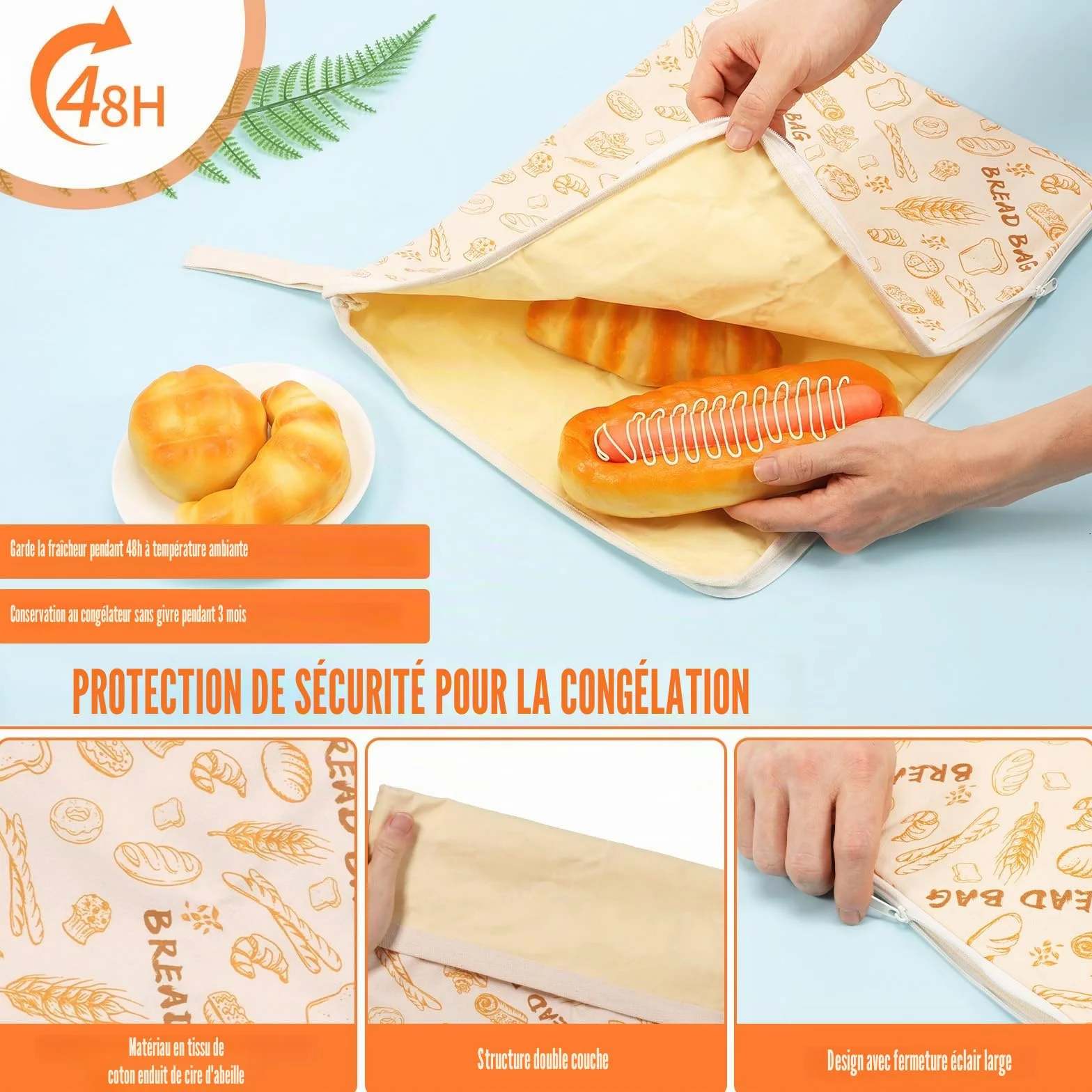 Sacs à pain en cire d'abeille réutilisables 43×33 cm avec fermeture éclair, lot de 2