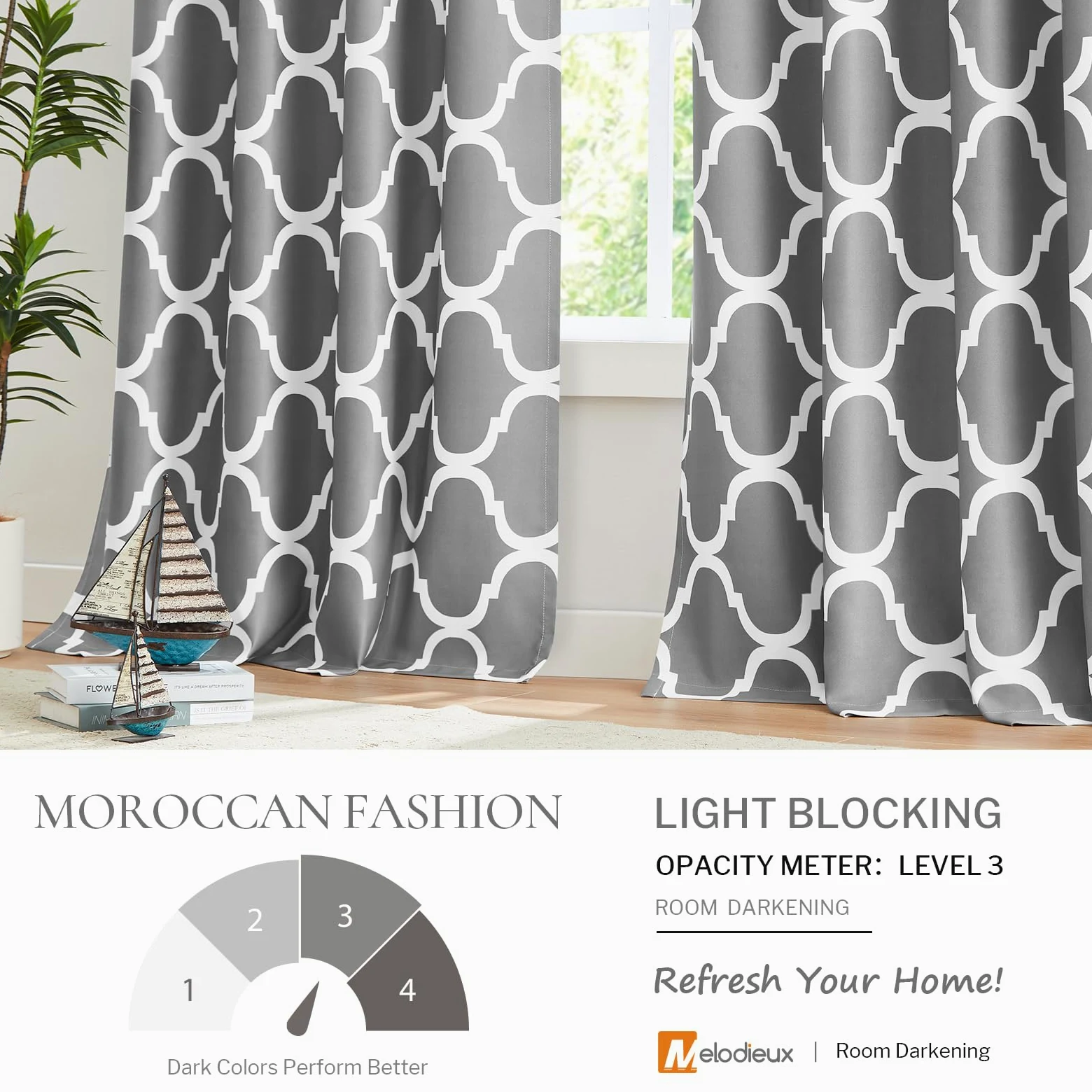 Melodieux Rideaux occultants à œillets avec imprimé marocain pour Salon, Chambre à Coucher, 132,1 x 213,4 cm, Gris (2 Panneaux)