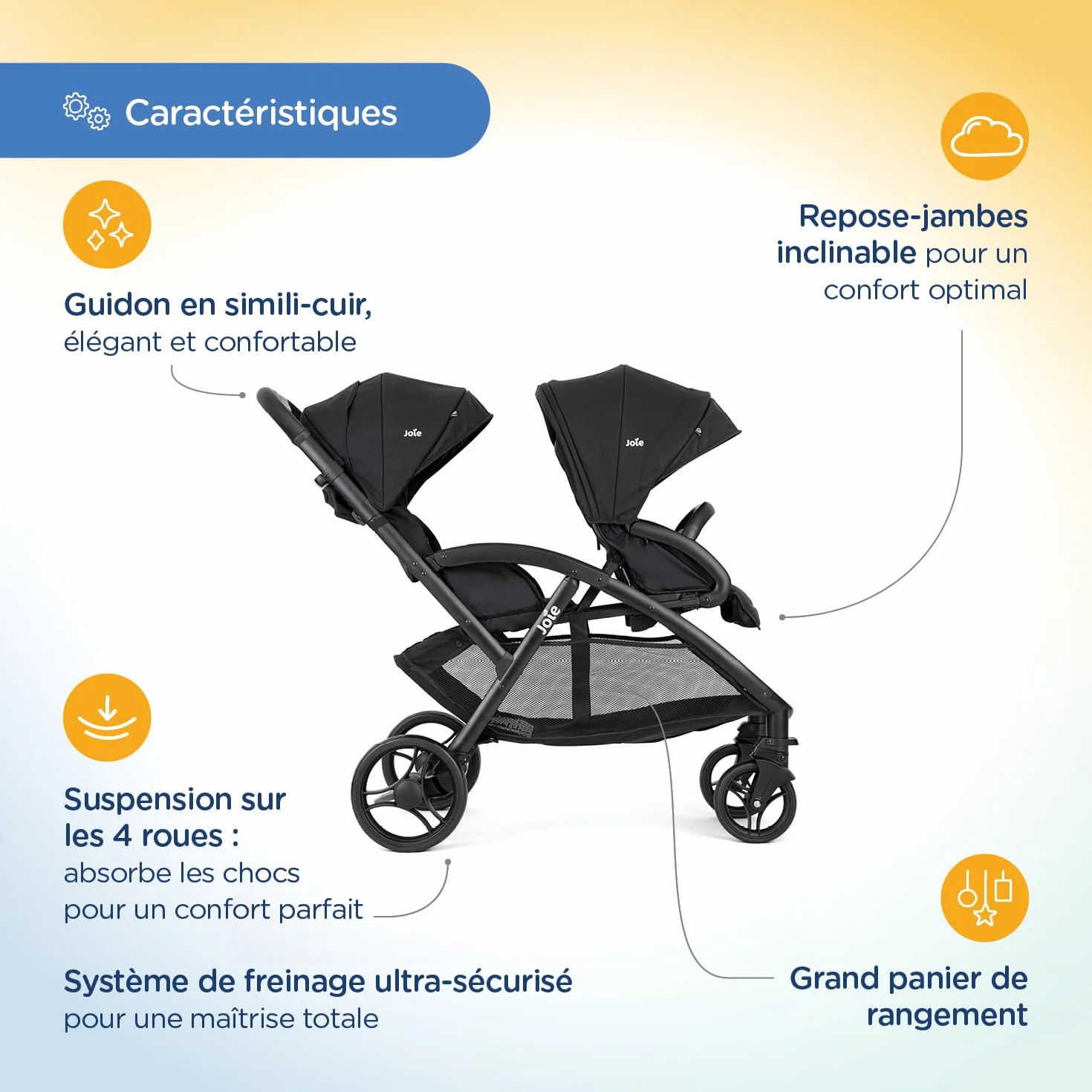 Joie EVALITE DUO Poussette Double Légère Naissance à 15 kg Pliage Compact 1 Main Compatible Coque Siège Arrière Ultra Légère 10,5 kg Grand Panier Habillage pluie inclus Shale