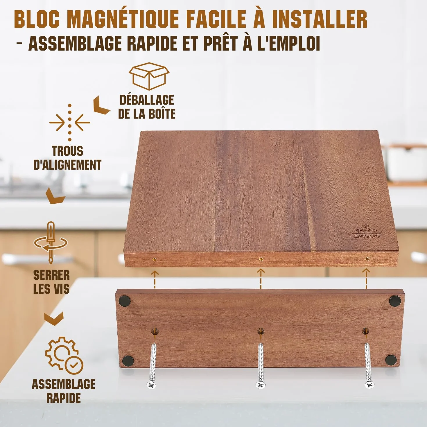 ENOKING Bloc à Couteaux Magnétique 38,6 x 23 cm Double Face Bois d'Acacia