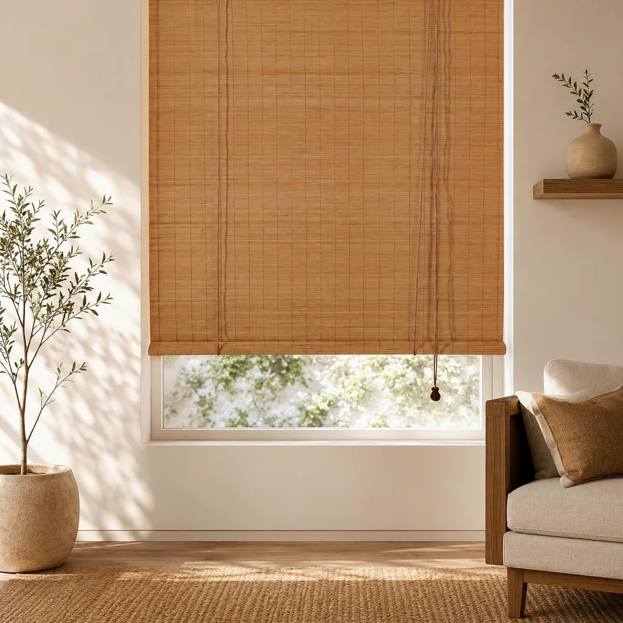 FoundGo Stores en bambou sans perçage - 100 x 120 cm (l x H) - Stores en bois rétro - Stores romains en bambou enroulables - Stores filtrant la lumière pour fenêtres d'intérieur