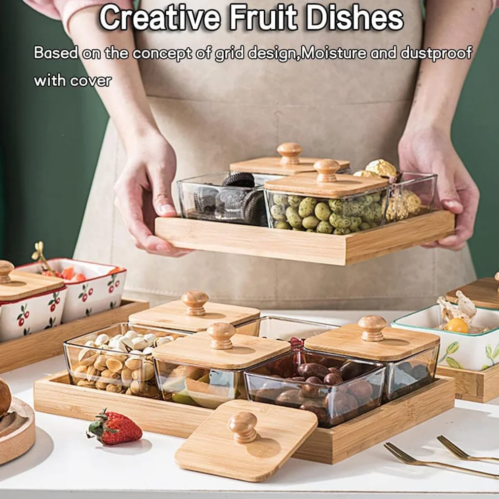 Plateau de service divisé en bambou avec couvercle, organiseur de collations carré pour fêtes, plateau de fruits en bois et boîte de rangement pour bonbons