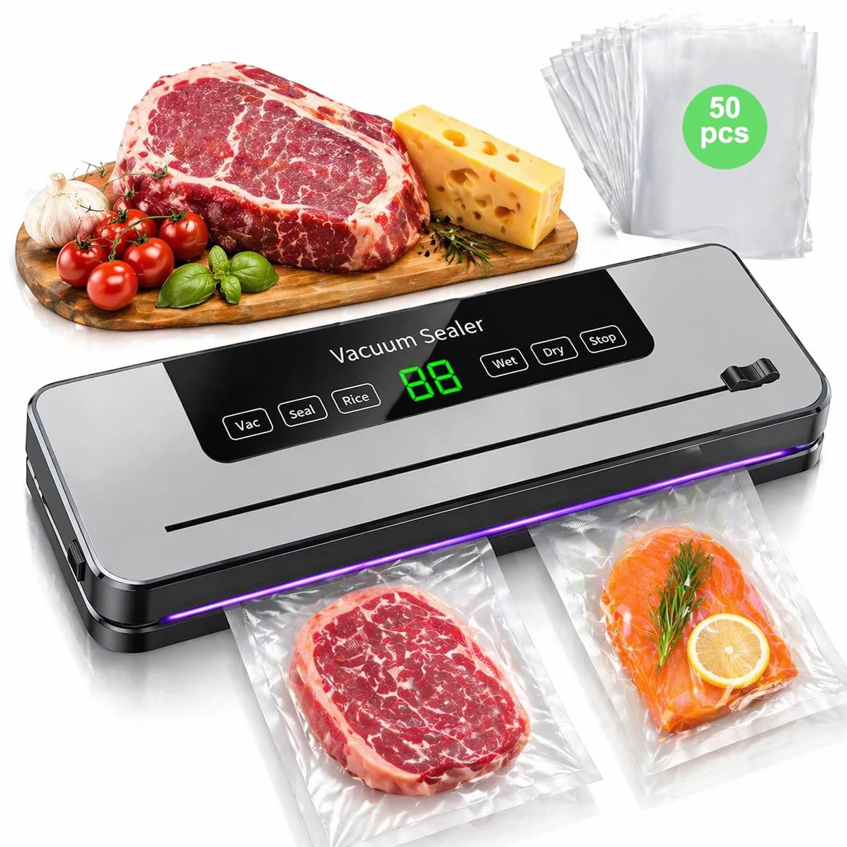 Machine Sous Vide Alimentaire 5 en 1 avec 50 Sacs, Mode Humide et Sec