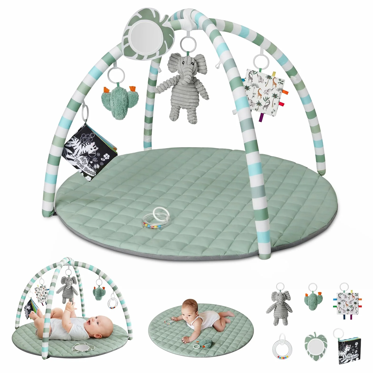 Blissful Diary Tapis d'Éveil Bébé avec Arche Amovible, 6 Jouets Sensoriels et Moteurs, Vert Sauge