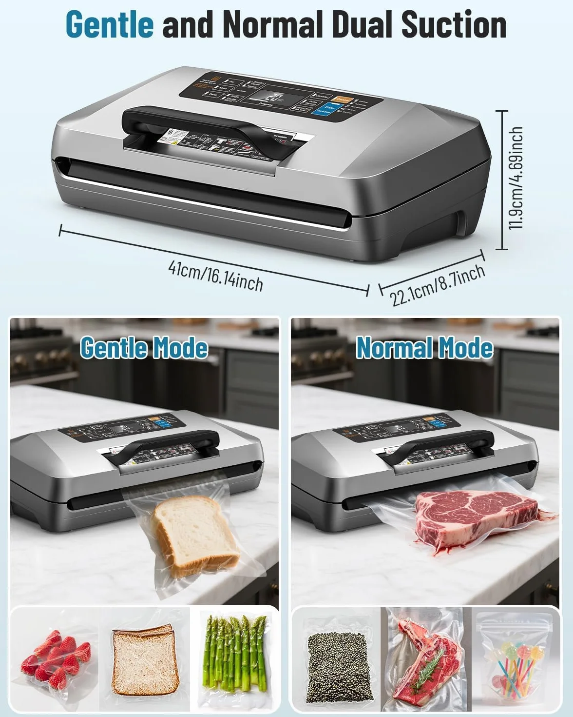 Machine Sous Vide Alimentaire Professionnelle 95 kPa, 12 en 1, Rangement pour Sacs, Coupe-sac, 1 Rouleau et 10 Sacs