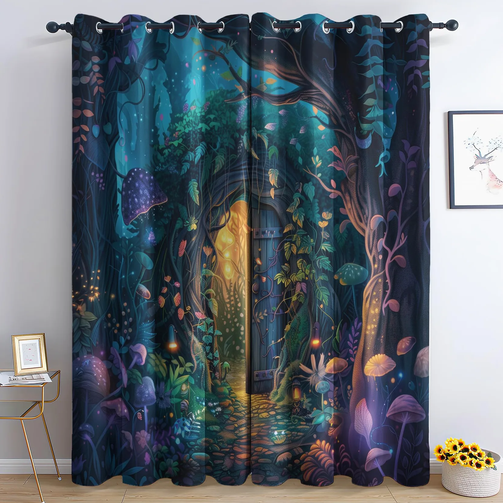 Rideau Occultant Forêt Magique, Bois Fantastique Motif Rideaux Thermiques à Oeillets, Rideaux Imprimé pour Salon Chambre Fenetre Moderne Décoration, 140x200 cm (L x H), Lot de 2