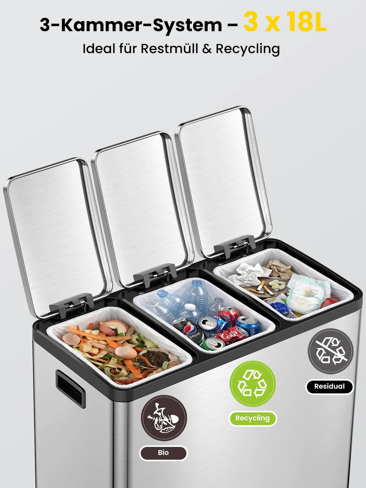 Poubelle Cuisine 54L Inox 3 Compartiments Tri Sélectif à Pédale Soft Close