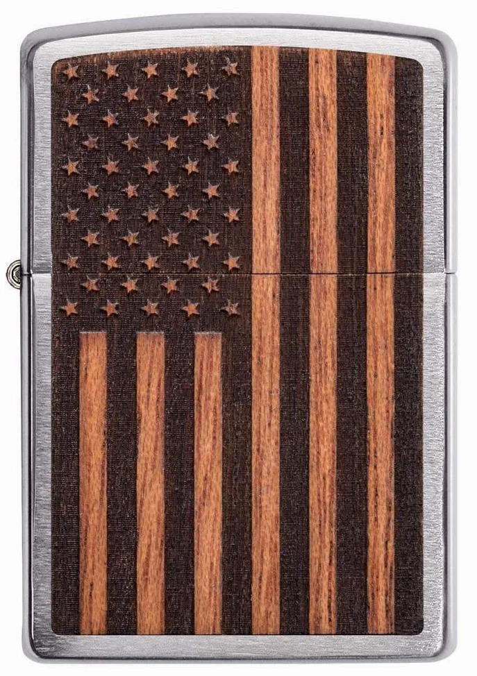 Zippo Briquet tempête – Drapeau américain Woodchuck, Chrome brossé, emblème en Acajou – Rechargeable – Réutilisable – Design Coupe-Vent – Boîte Cadeau – Fabriqué aux États-Unis