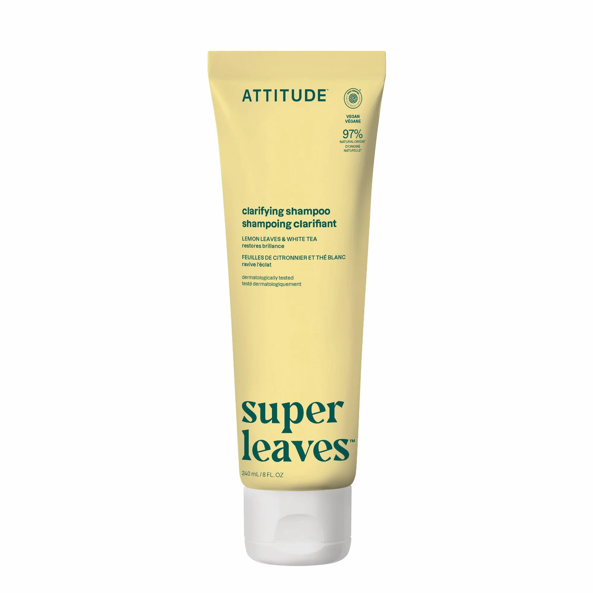 ATTITUDE Shampooing Clarifiant Brillance Feuilles de Citronier Thé Blanc Végan 240 mL