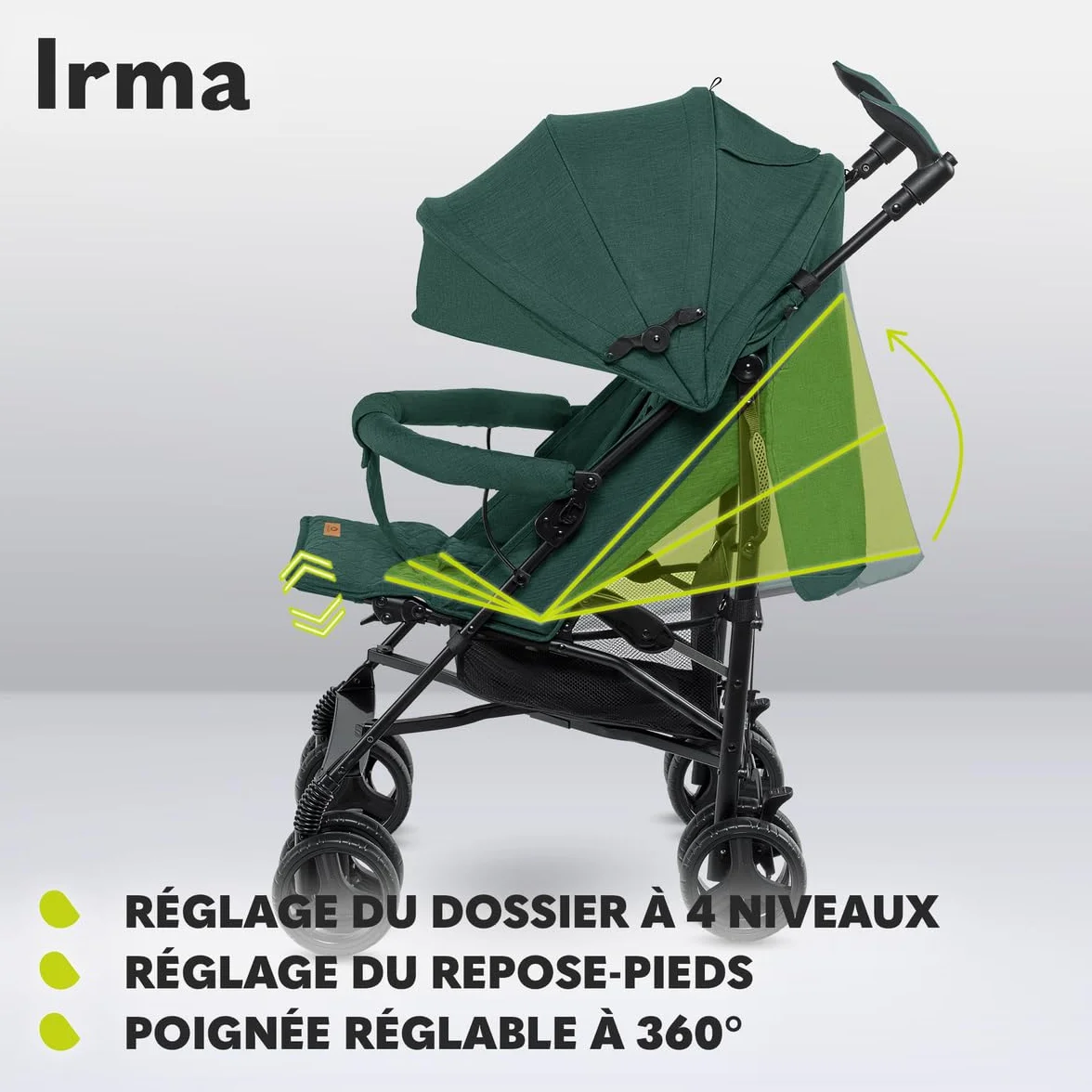 LIONELO Irma poussette canne 15 kg 0-36 mois légère compacte réglage dossier position couchée grand panier pliage rapide moustiquaire chauffe-pieds