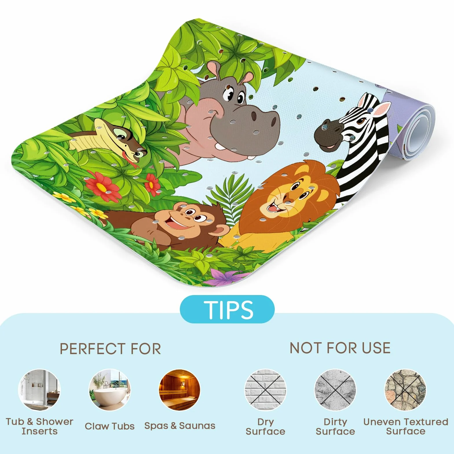 SHUCHING Tapis de Bain Antidérapant Enfant Animaux de la Jungle 100 x 40 cm