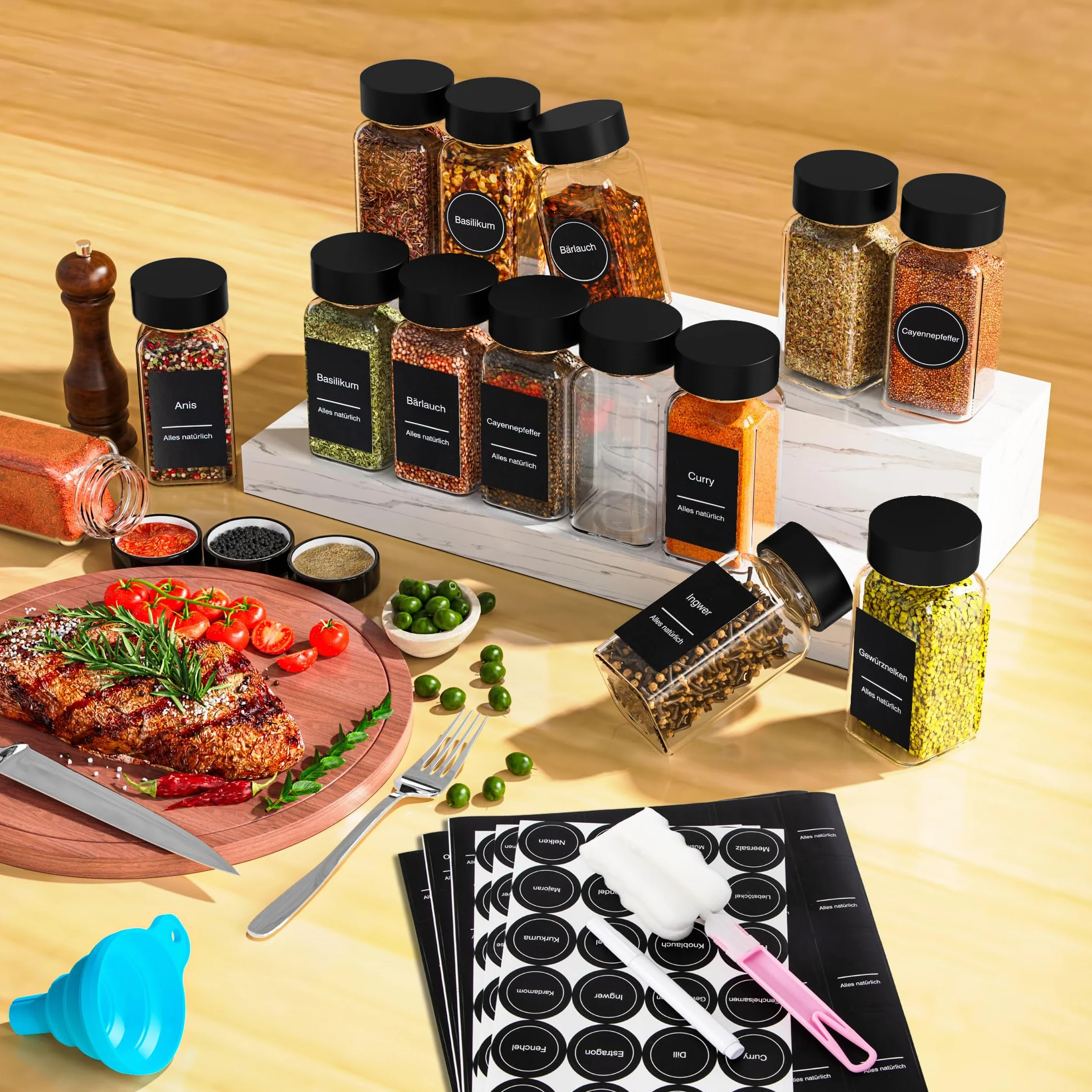 Pots à épices carrés 120 ml lot de 24 avec couvercles, inserts saupoudre, entonnoir, passoire et 340 étiquettes