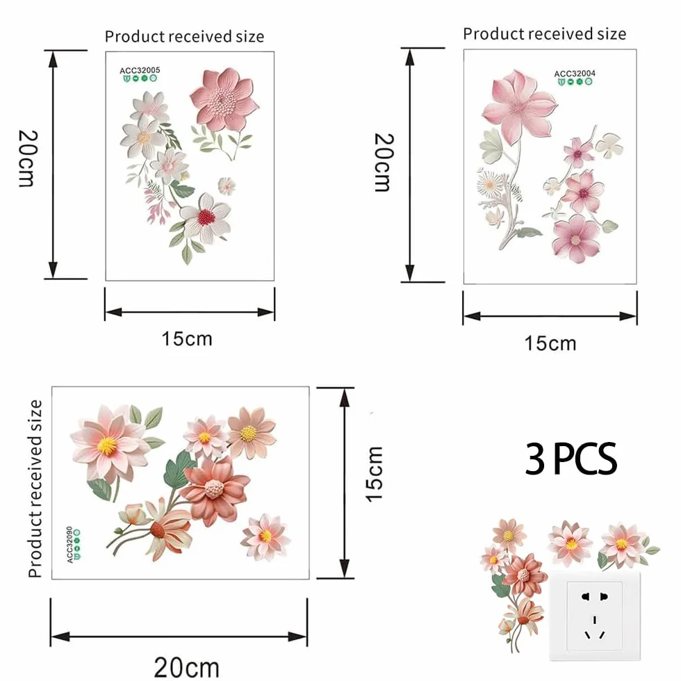 Autocollant Floral PVC Décoration Murale Interrupteur Décoratif 3 Pièces