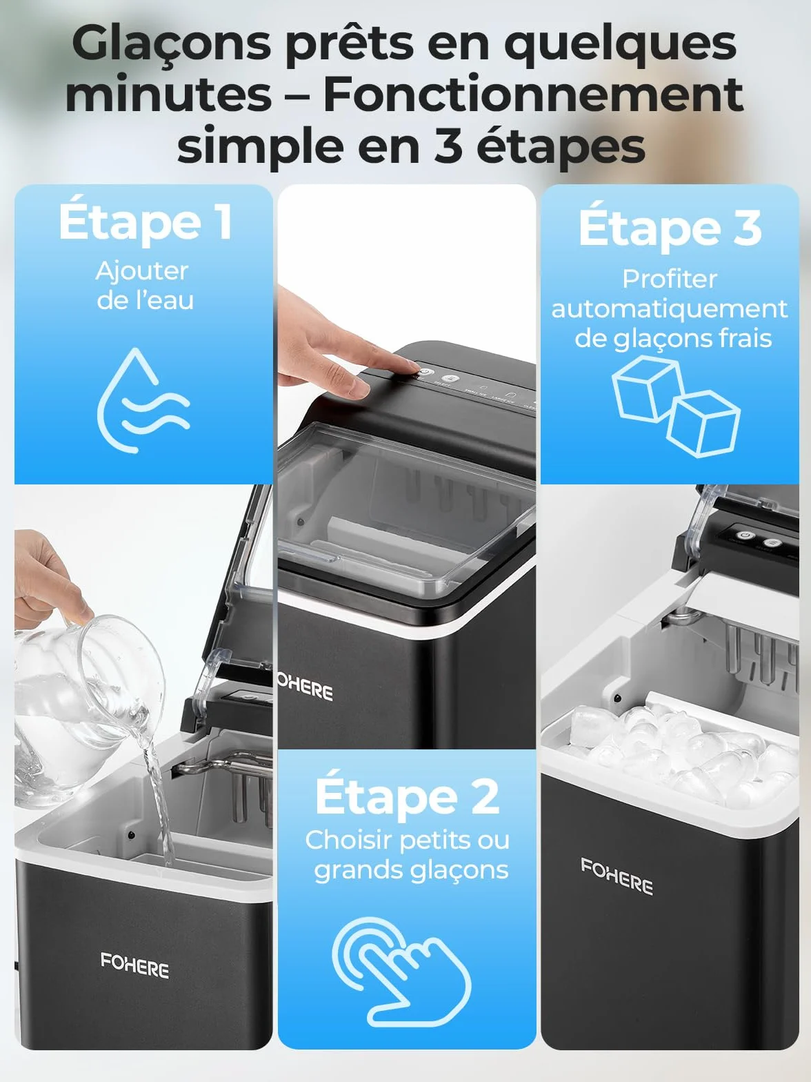 FOHERE Machine à Glaçons Portable, 14kg/24h, 9 Glaçons Bullet en 5 Min, 2 Tailles, Auto-Nettoyante