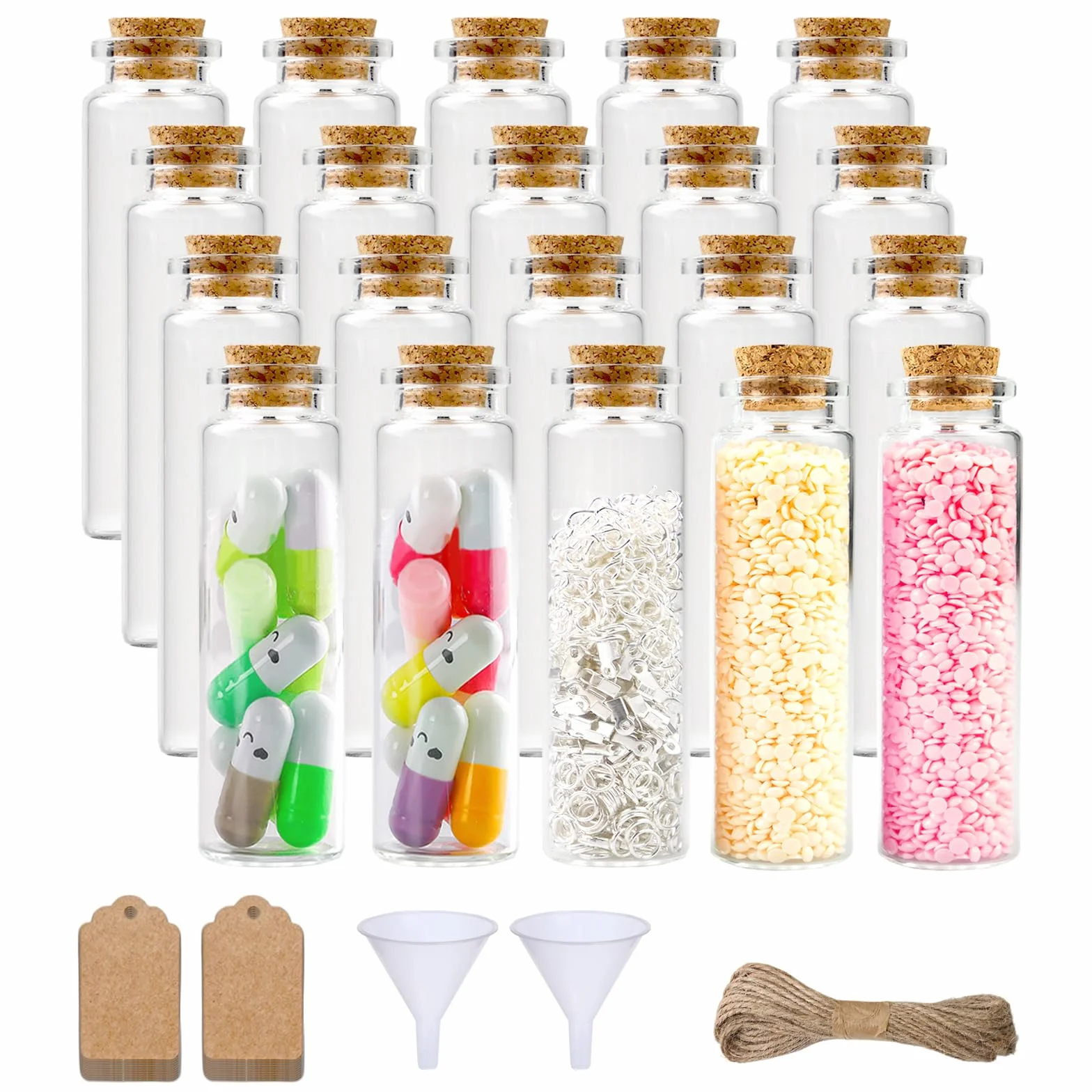 Fiole en Verre 25 ml Petite Bouteille avec Bouchon et Carte, Entonnoir, Ficelle pour Épices, Bonbons, DIY