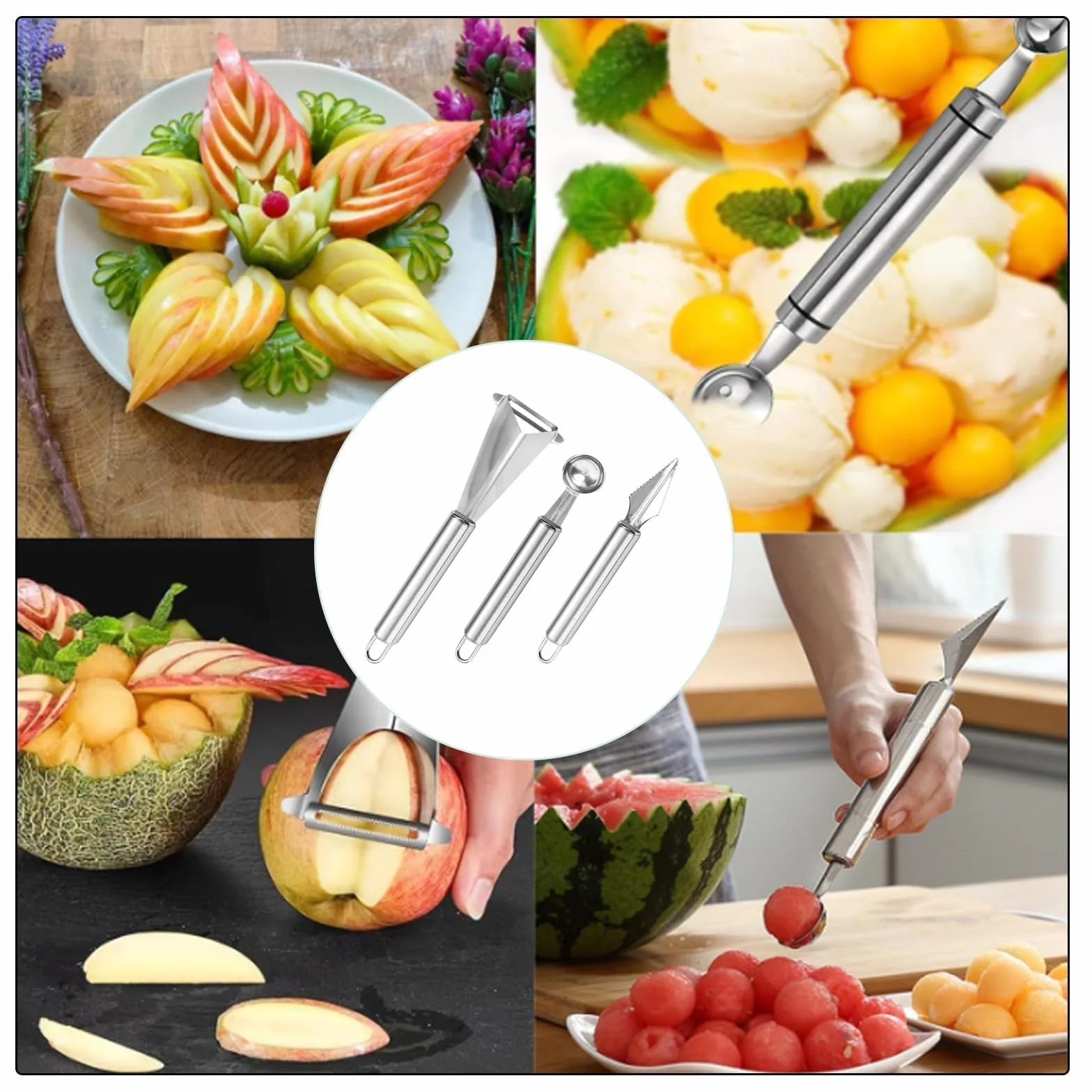 Couteau Sculpture Fruits Acier Inoxydable Pousse-Pomme Cuillère Boule Melon 3 Pièces
