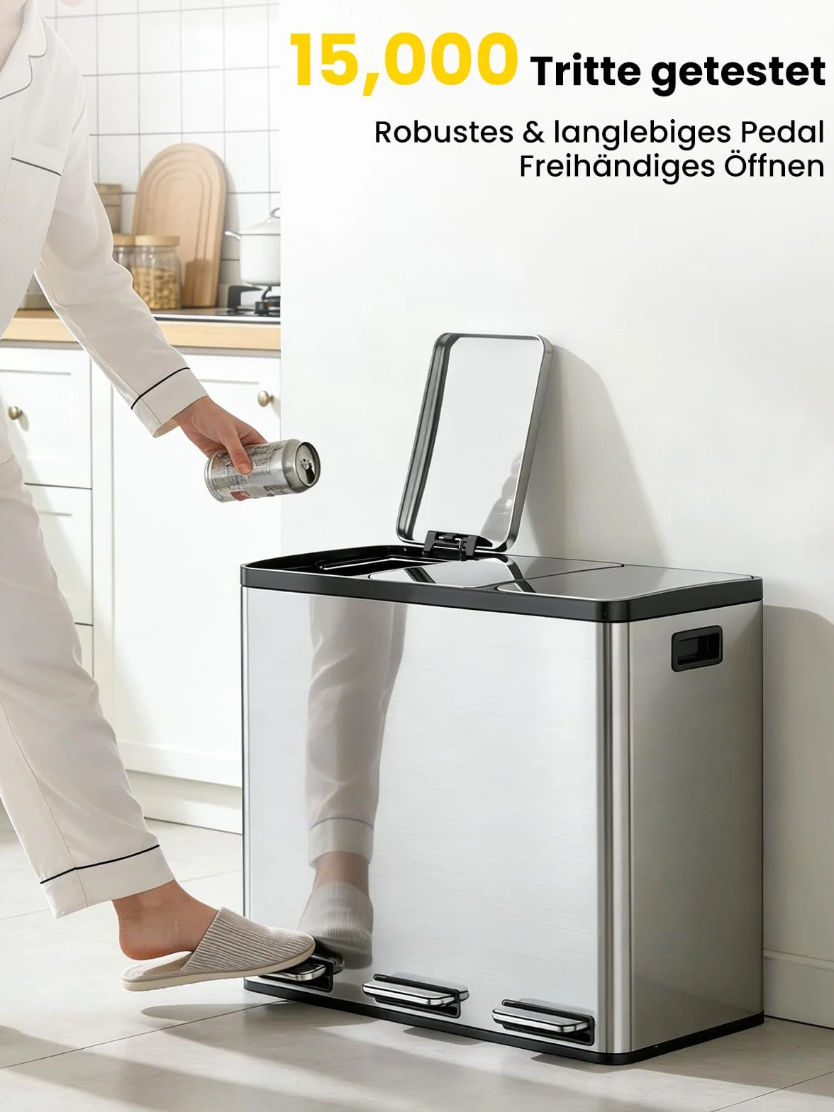 Poubelle Cuisine 54L Inox 3 Compartiments Tri Sélectif à Pédale Soft Close