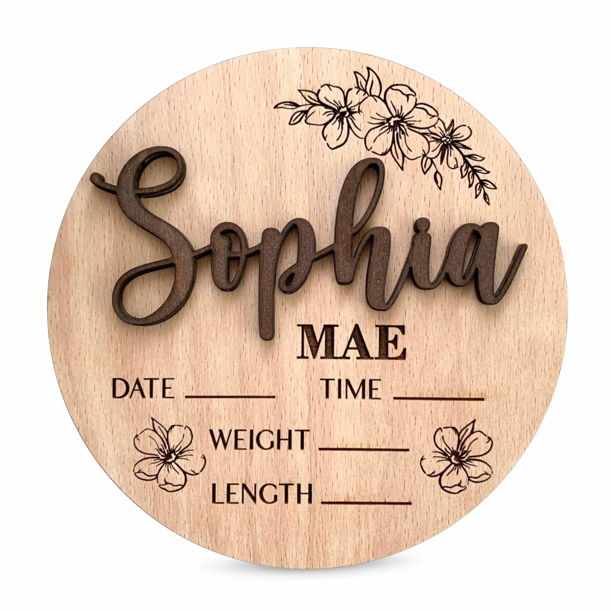 Panneau de Naissance Personnalisé en Bois 3D avec Fleurs – Plaque Prénom Bébé – Décoration Chambre Bébé