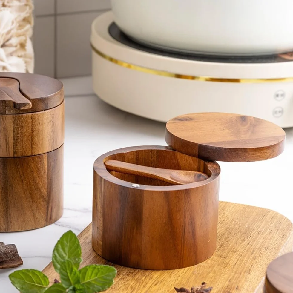 Salière en bois d'acacia avec couvercle rotatif, dimensions optimisées
