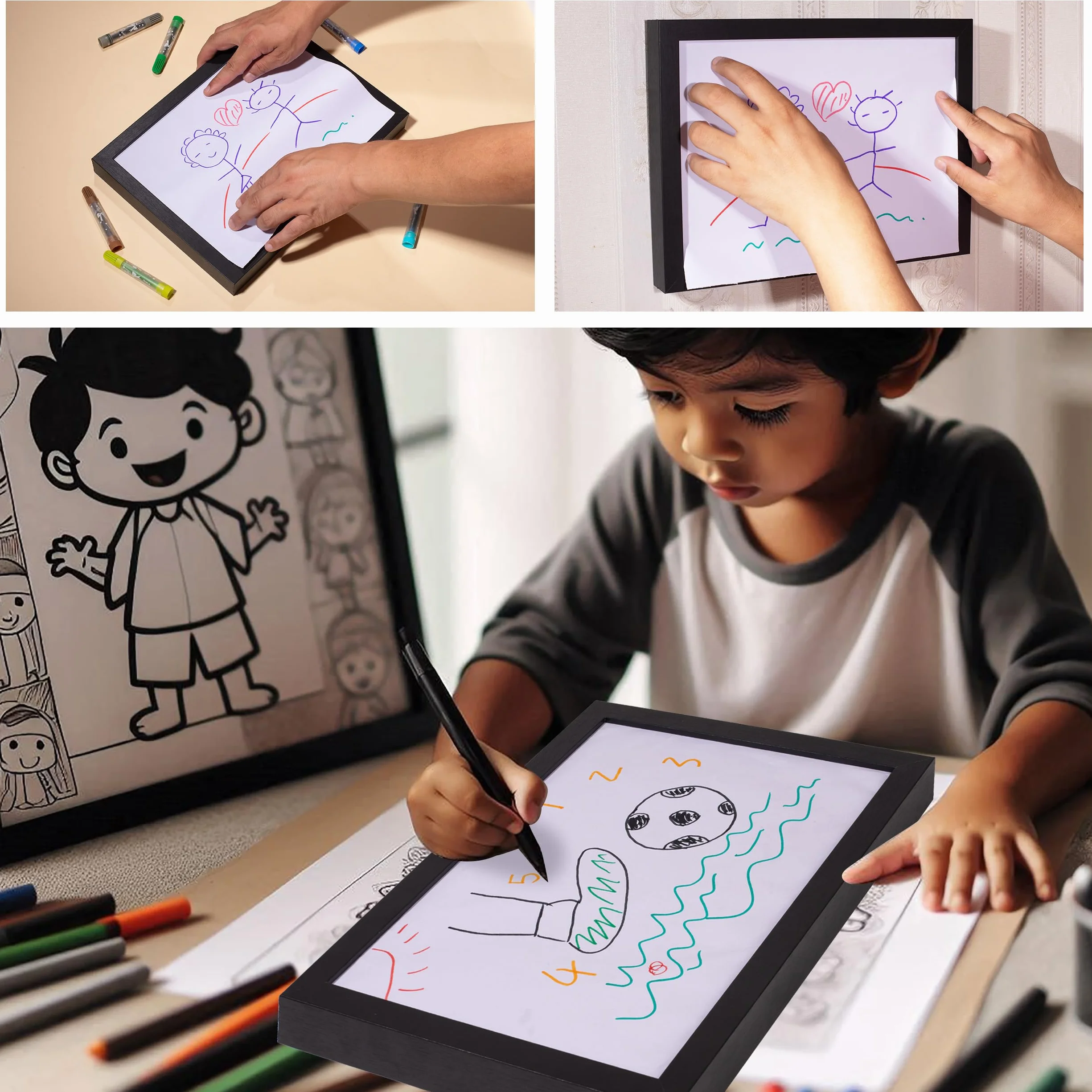 Cadre artistique pour enfants interchangeable A4 sans verre - Noir