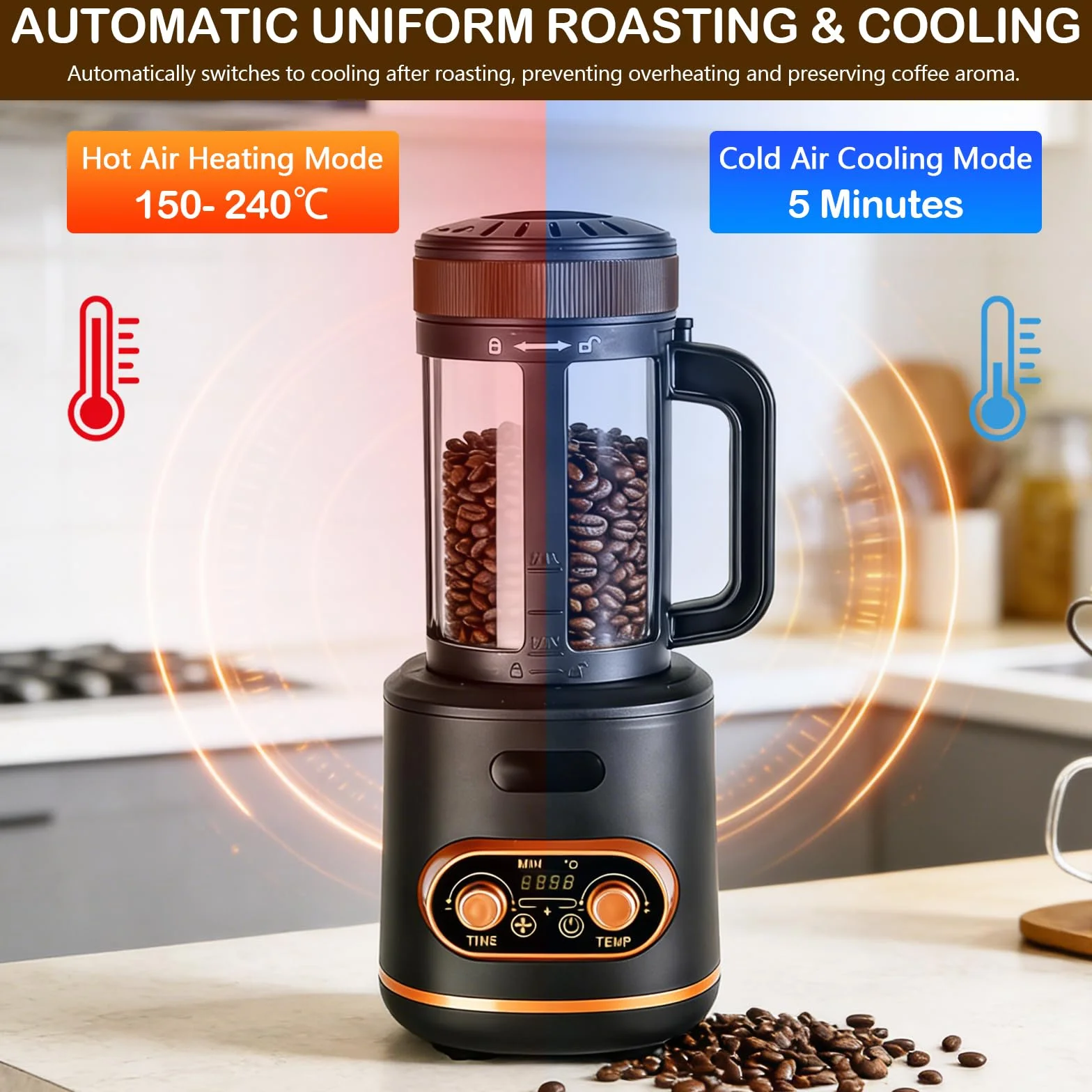 Torréfacteur à café à air chaud 200 g 2200 W automatique réglable température minuterie