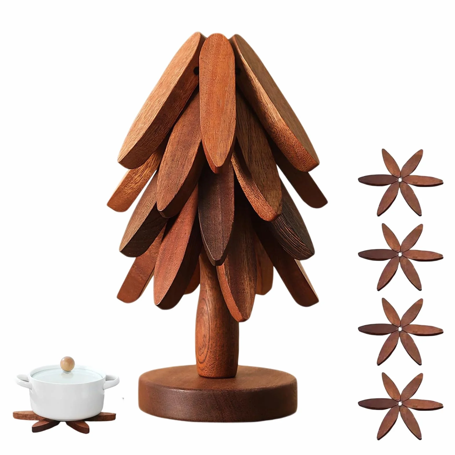 Lot de 4 Dessous de Plats en Bois Pliables + 1 Support Sapin de Noël